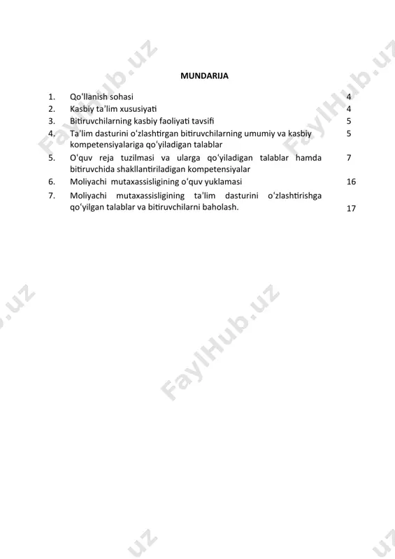 si keyinchalik kasbiy ta’limini chuqurlashtirish maqsadida: kadrlar malakasini oshirish tizimida, tarmoq o‘quv muassasalarida va maxsus kurslarida malakani oshirishi; kasbiy faoliyatning tegishli sohasida yanada yuqoriroq malakaga erish maqsadida texnikum va oliy ta’lim muassasasida o‘qishni davom ettirishi mumkin. 2.4. o‘qishga qabul shartlari. o‘qishga qabul shartlari amaldagi qonunchilik asosida amalga oshiriladi. 3. bitiruvchilarning kasbiy faoliyati tavsifi 3.1. bitiruvchining kasbiy faoliyat sohasi: turli xil huquqiy shakllardagi tashkilotlarning moliyaviy, rejalashtirish, iqtisodiy va soliq xizmatlari, davlat hokimiyati va mahalliy o‘zini-o‘zi boshqarish organlarining moliyaviy-iqtisodiy xizmatlarini tashkil etish va amalga oshirish. 3.2. bitiruvchining kasbiy faoliyat ob’yektlari: o‘rta professional ta’limda: 3.2.1. moliyachi kvalifikatsiyasi bo‘yicha: turli huquqiy shakllardagi tashkilotlar, davlat hokimiyati va mahalliy boshqaruv organlari tomonidan amalga oshiriladigan moliyaviy operatsiyalar; tashkilotlar, davlat hokimiyati va mahalliy o‘zini-o‘zi boshqarish organlarining mol-mulki va majburiyatlari; moliyaviy va iqtisodiy ma’lumotlar; moliyaviy hisobot. 3.2.2.loyihani boshqarish moliyaviy assistenti kvalifikatsiyasi bo‘yicha: investitsion loyihalar; investitsion loyihalar moliyalashtirish manbalari; investitsion loyihalar ma’lumotlari; investitsion loyihalar bo‘yicha hisobotlar. 3.3. 40410401- moliyachi mutaxassisligi …