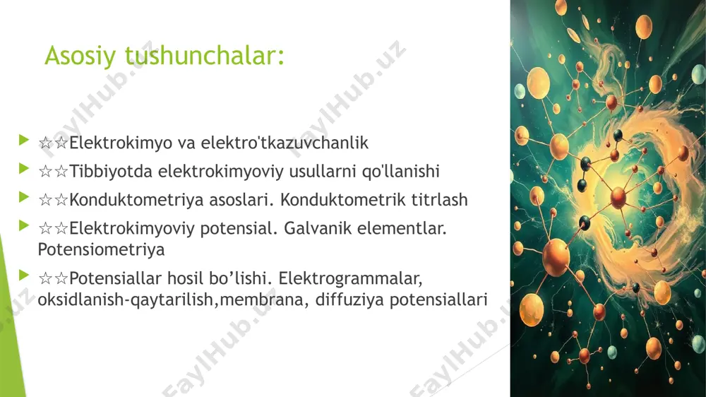 shdan farqli o’laroq, loyqa, rangli eritmalarni, biologik suyuqliklarni titrlashda qo’llanishi mumkin. u nixoyatda aniq. bir qancha moddalar aralashmasini xam titrlashda qo’llanishi mumkin. kamchiligi murakkab asboblar talab etiladi, hisoblashga ko’proq vaqt ketadi. konduktometrik titrlash quyidagicha amalga oshiriladi; titrlash olib boriladigan idishga indikator elektrod tushuriladi. shu idishga titrlash olib boriladigan byuretka o’rnatiladi. lozim bo’lsa, idish termostatga qo’yiladi. titrlash borasida elektr o’tkazuvchanlikni o’zgarishi kuzatib boriladi, grafik orqali ekvivalent nuqta topiladi. konduktometrik titrlash qurilmalari kuchli kislotani kuchli asos bilan konduktometrik titrlash kuchli kislotani kuchli asos bilan titrlaganda boshlangich nuqtada eritmada eng harakatchan vododrod ionlari konsentratsiyasi eng yuqori bolganligi tufayli elektro’tkazuvchanlik eng yuqori qiymatiga ega boladi. titrlash jarayonida vodorod ionlari suv molekulasigacha boglanib elektro’tkazuvchanlik kamayib boradi. ekvivalent nuqtada elektro’tkazuvchanlik harakatchanligi bilangina bogliq boladi. titrlashni davom ettirilsa , eritmada ortiqcha gidroksid ionlari paydo bolib, elektro’tkazuvchanlik keskin ortadi. eritmada bir turdagi modda bolsa egri chiziqda faqat bitta sinish kuzatiladi kuchli va kuch-siz kislotalar aralashmasi kuchli asos bilan …