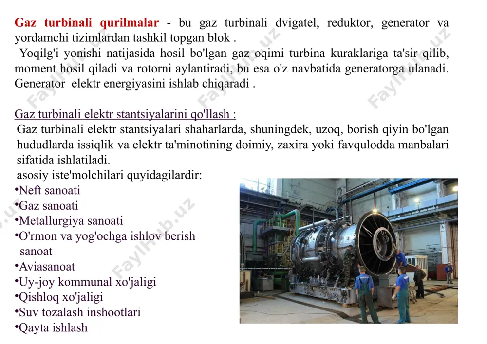 ri gaz turbinasi qurilmasi ms6001, ge firmasi ("generral electric") gaz turbinasi dvigatel ugt15000+ gp npkp "zorya" - "mashproekt" 1 - kiritish hidoyat qurilma; 2 - kompressor past bosim; 3 - kompressor yuqori bosim; 4 - nozul; 5 - kamera yonish; 6 - turbina yuqori bosim; 7 - turbina past bosim; 8 - kuch turbina; 9 – quvvatni rostlash gardishi; 10 – uzatish qutisi; 11r - elektr starterlar; 12 - ramma kompressor va turbina bir o’qda joylashgan qurilma markazga intilgan kompressorli va radial turbinani qurilma zamonaviy gaz turbinalari statsionar gaz turbina v-94.2 gtu abb firmasining 140 mvt quvvatli bir masofaviy yonishckamera gtq rotor gaz turbinali gtq rotori gaz turbinalar konstruktiv elementlari kompressorning chiqish qismi, quvursimon-halqasimon yonish kamerasi va gaz turbinaning kirish qismi gaz turbinalar konstruktiv elementlari gtuq ning kiritish burilish yo’naltiruvchi apparat kiritish qismi havo kompressor ichki halqasimon yonish kamerasi gtq yonish kamerasi gaz turbinalar konstruktiv elementlari ko‘krak va ishchilar elka …