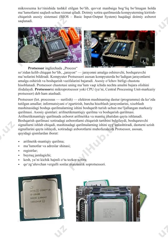 tlarni saqlovchi kompyuterning asosiy qismi hisoblanib, ishlash prinsipi esa magnitli yozish hisoblanadi. kompyuteringizdagi video, rasm, musiqa va boshqa fayllaringiz aynan shu qismda saqlanadi. ssd (ing. solid-state drive, ssd) — bu ham qattiq disk hisoblanib buni hdd diskdan farqli jihati ssd mikrosxemali xotiraga ma’lumotlarni qayd etishi natijasida kompyuterdan energiya ta’lab qilmaydi. ssd da mikrosxemali xotiradan tashqari boshqaruvchi kontrollerlar ham mavjud. ssd disklar hdd disklarga qaraganda bir qator afzalliklarga ega hisoblanadi. bu afzalliklar haqida quyidagi jadvaldan ma’lumot olishingiz mumkin: turi ssd hdd ishlash tezlik ssd 35 dan 100 mikrosekundgacha ish tezligiga ega, bu esa hdd dan deyarli 100 marta tez degani. bunday yuqori tezlik dasturlarni nisbatan tezroq ishlashiga sabab bo'ladi. bu esa katta xotira talab qiladigan dasturlar ishlatish paytingizda ayniqsa seziladi. odatda hdd ishlash tezligi 5000-10000 mikrosekund atrofida bo‘ladi. narx ssd disklar hdd disklarga qaraganda bir muncha qimmat hisoblanadi va shu sababli ssd diskli kompyuterlar xotirasi bor yo‘g‘i bir necha yuz gigabaytgagina …