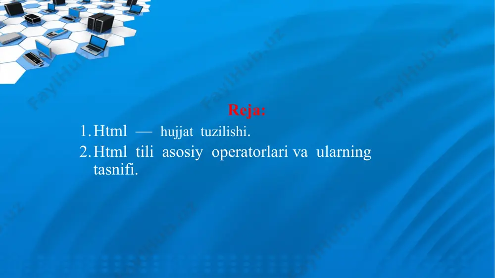 kin; • target — gipermurojaat qayerda ochilishi kerakligini ko'rsatadi: blank — gipermurojaat natijasini yangi darchaga ochib beradi; top — natijani brouzerdagi barcha darchalarga ochish (maxsus frame lar uchun); parent — natijani brouzerdagi bosh sahifa darchasiga ochish (maxsus frame lar uchun); self — natijani joriy darchada ochish (maxsus frame lar uchun). • title — bu hujjat darchasining sarlavhasini ifodalash uchun; • type — gipermurojaat o'rnatilgan hujjatning mime — turini aniqlaydi; • charset — gipermurojaat o'rnatilgan hujjatning yozuv kodini aniqlaydi; • hreflang — gipermurojaat o'rnatilgan hujjatning yozuv tilini aniqlaydi. masalan: ... — veb-sahifani to'ldiruvchi matn, deskriptorlar va boshqa ma’lumotlarni aniqlaydi, ya’ni asosiy ma’lumotlar ushbu teglar orasiga kiritiladi.atributlari: • backround — fon tasviri yoki rasmning manzilini ko'rsatish. masalan: • bgcolor — fon rangini ko'rsatish, bunda rang o'mida tasvir yoki rasmlardan ham foydalanish mumkin. masalan: . • text — matnning asosiy rangi. masalan: • link — gipermurojaatli matn rangi. masalan: • vlink — gipermurojaatli …