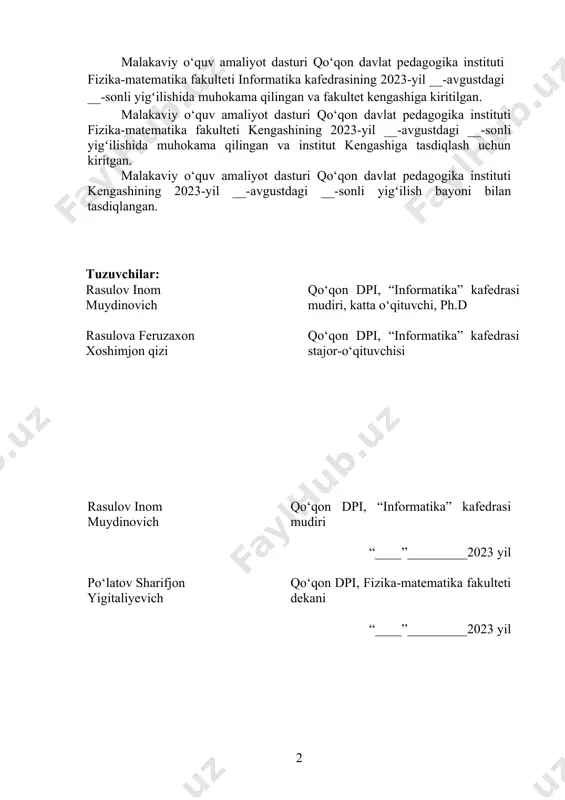 yatini tushungan holda ijtimoiy voqelikka mustaqil munosabatini shakllantirish, ozod va obod vatan, erkin va farovon hayot qurish g‘oyasining ijtimoiy-ma’naviy mohiyatini yoshlar ongiga singdirishdan iborat. malakaviy o‘quv amaliyoti talabalarning umumpedagogik, metodik va ixtisoslik fanlaridan olgan nazariy bilim, malaka va ko‘nikmalariga asoslanadi. malakaviy o‘quv amaliyoti davomida talaba: · ixtisoslik fanidan turli tip va turdagi darslarni tashkil etish va ularda o‘quvchilarning bilish faoliyatini boshqarish; · o‘zi va kursdoshlari, shuningdek, o‘qituvchilar darslarini tahlil qilish; · o‘quvchilar bilim, malaka va ko‘nikmalarini baholash; · ixtisoslik bo‘yicha sinfdan tashqari ishlarni tashkil etish va o‘tkazish; · ma’naviy-ma’rifiy ishlarni tashkil etish va olib borish; · ta’limning texnikaviy vositalaridan foydalanish; · sinf rahbari sifatida ish olib borishi lozim. malakaviy o‘quv amaliyotinining vazifalari: - bo‘lajak matematika-informatika o‘qituvchisida avvalgi bosqichlarda egallagan nazariy bilimlari asosida amaliy ko‘nikma va malakalarini shakllantirish; - zamonaviy pedagogik texnologiyalar yordamida darslarni tashkillashtira olish va ularning natijalarini tahlil qila olish malaka va ko‘nikmalarini yanada mustahkamlash; - fanning imkoniyatlaridan foydalanib …