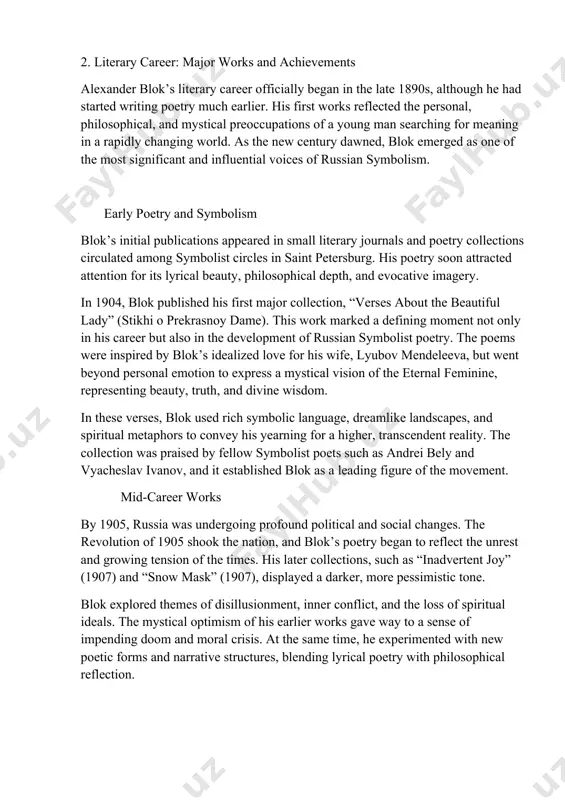 on, the figure of jesus christ appears, leading the revolutionaries forward, suggesting a fusion of material and spiritual revolution. the poem shocked both blok’s supporters and critics. many symbolists accused him of betraying art for politics, while bolshevik authorities remained suspicious of its mystical overtones. despite the controversy, “the twelve” is widely regarded as one of the greatest poems in modern russian literature. its daring style, rhythmic innovation, and synthesis of folklore, apocalyptic vision, and revolutionary passion marked a new direction in russian poetry. blok as a playwright and prose writer in addition to his poetry, blok also made notable contributions to russian theater and prose. his symbolist drama “the puppet show” (1906) (balaganchik) is considered one of the finest examples of early modernist drama in russia. the play presents a fantastic, dreamlike world of puppets and allegorical characters, representing human emotions, ideals, and vices. blok used theatrical techniques of …