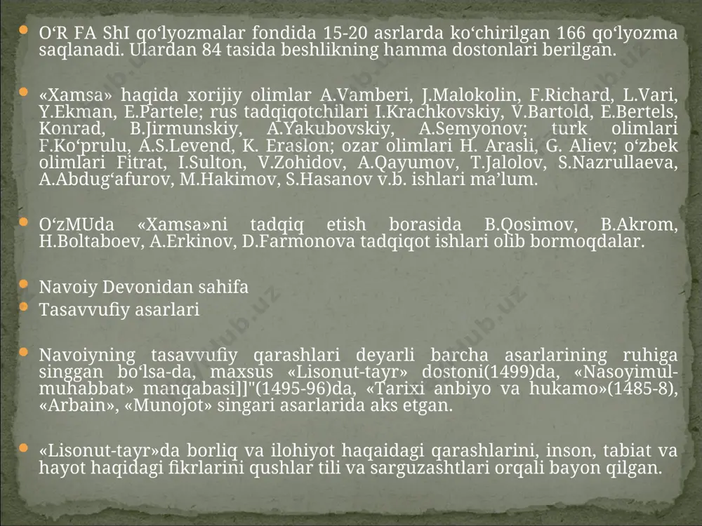 nchi majlisda xuroson, oltinchisida movaraunnahr, kichik osiyo va eron, yettinchi va sakkizinchi majlislarda temuriylar sulolasiga mansub ijodkor shoh va shahzodalar haqidagi maʼlumotlar jamlangan. asar fahriy hirotiy(1521-22), muhammad qazviniy(1522-23), shoh ali abdulali (1598) tomonidan uch marta fors tiliga tarjima qilingan. navoiy «muhokamatul-lug`atayn» asarini oʻz zamonidagi turkiy lahjalar, ziyolilar nutqi, badiiy va ilmiy asarlarning leksik-grammatik xususiyatlarini forsiy til xususitlari bilan qiyoslashga bagʻishladi. jonli xalq tilida qoʻllanilgan koʻplab soʻzlarni asarga kiritib, adabiy tilda qoʻllanilishiga sababchi boʻldi. oʻzigacha ishlatilgan soʻzlarni yangi maʼno qatlamlarini ochdi. oʻzbek tili grammatikasini mahmud koshgʻariydan soʻng ilmiy asosga soldi. oʻzbek tilining badiiy va estetik imkoniyatlari kengayishiga sababchi boʻldi. fors va turk tillarida yaratilgan eng yirik va eʼtiborli asarlarga murojaat qildi, shoir va olimlarni til istiqloli uchun kurashga chorladi. aruz nazariyasiga bagʻishlangan «mezonul-avzon»(1492) asarida arab va fors aruzi qoidalarini turkiy tilda aniq va ravon tushuntirdi. turk yozma va ogʻzaki sheʼriyati namunalarining vazn xususiyatlarini oʻrgandi. turkiy aruz tabiatini yoritish bilan birga turk …