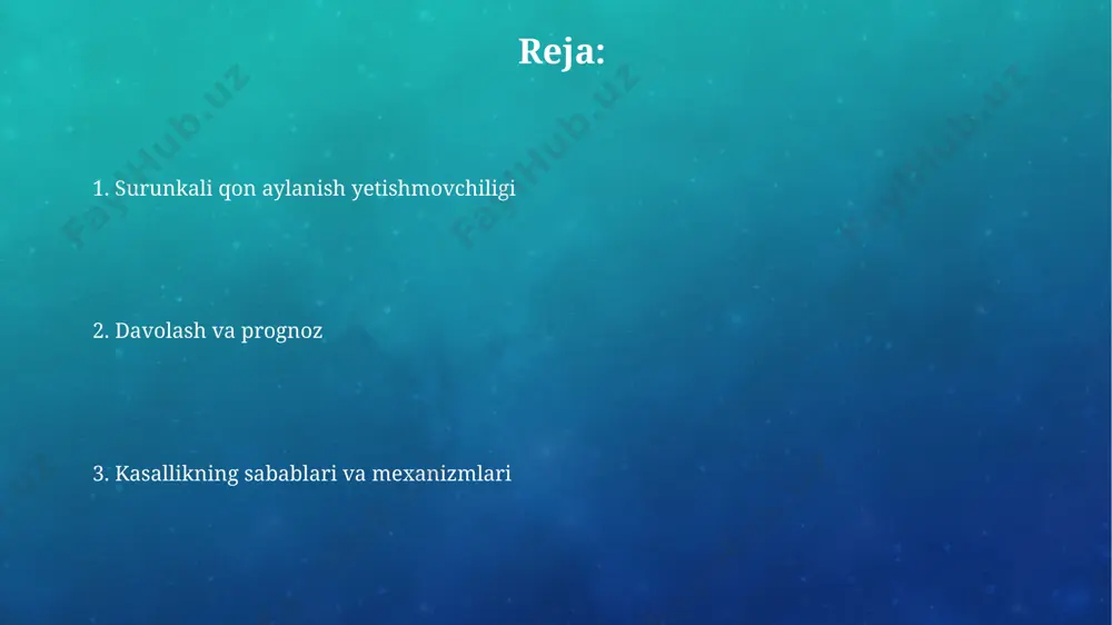 zini boshqarish strategiyalari suyuqlikni cheklash, ayniqsa, tuz iste’molini kuniga 2 grammdan oshmasligi, shishish va nafas qisilishining oldini olishda muhim rol o‘ynaydi, bu esa umumiy farovonlikni yaxshilaydi. dori-darmonlarni muntazam va shifokor tavsiyasi bo‘yicha qabul qilish, masalan, diuretiklar va ace inhibitörlari dozalariga rioya qilish, kasallikning rivojlanishini sekinlashtirish va asoratlarning oldini olishda hal qiluvchi ahamiyatga ega. zamonaviy tadqiqotlar va istiqbollar regenerativ tibbiyot sohasidagi tadqiqotlar, shu jumladan, 10-15 yil ichida klinik qo'llanilishi mumkin bo'lgan, yurak mushaklarini tiklash uchun kamalak hujayralaridan foydalanish imkoniyatlarini o'rganmoqda. taxminan 20% bemorlarda kuzatiladigan yurak yetishmovchiligining gipoksiyaga chidamliligi mexanizmlarini chuqur o'rganish yangi davolash usullarini ishlab chiqishda muhim ahamiyatga ega. differensial diagnostika bemorlarning taxminan 20-30%ida surunkali yurak yetishmovchiligining sababi yashirin yurak kasalliklari, masalan, yurak klapanlarining nuqsonlari yoki kardiomiopatiyalar bo'lishi mumkin. aniqlash uchun ekokardiografiya muhim. diferensial diagnostika jarayonida gemodinamik parametrlarni (masalan, qon bosimi, yurak urish tezligi) baholash, shuningdek, laboratoriya tekshiruvlari (qon biokimyoviy tahlillari va koagulyatsiya holati) ham zarurdir, bu esa taxminan 70% hollarda …