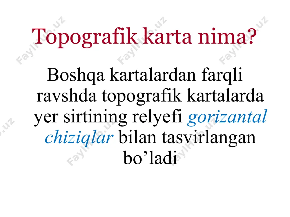 rchasiga tushindingiz! siz nimalarni tushinganingizni sinab ko’ramiz. 400m 800m 1000m 1200m a b c d e f 600m daftaringizni oching va quyidagi savollarga javob bering. tayyormisiz? 1.eng baland nuqtada joylashgan (b) ni 1410 metr balandlikda deb ayta olamizmi? 400m 800m 1000m 1200m a b c d e f 600m 2. (e) nuqtadagi balandlik qancha? 400m 800m 1000m 1200m a b c d e f 600m 3.a va b nuqtalar orasidagi balandliklar farqi qancha? 400m 800m 1000m 1200m a b c d e f 600m 4.(f) nuqtadagi balandlikni 417 metr deb ayta olamizmi? 400m 800m 1000m 1200m a b c d e f 600m 5. agar siz (d) nuqtadan (c ) nuqtaga to’ri yursangiz tepalik yoki pastlikni kesib o’tasizmi? 400m 800m 1000m 1200m a b c d e f 600m 6.kartaga qarang, agar biz tepalikdan tushmoqchi bo’lsak qaysi tomonga qarab yursak osonroq? sharqqami yo shimolga? 400m 800m 1000m 1200m a b …