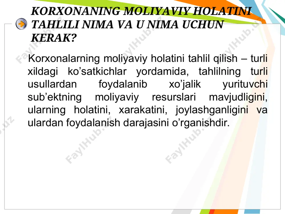 mal faoliyati davomida aktivlarni ko‘paytirishi lozim bo‘lgan bo‘lg‘usi pul mablag‘lari tushumining diskontlangan qiymati bo‘lgan joriy qiymat bo‘yicha aks ettiriladi. buxgalteriya balansida majburiyatlar quyidagi qiymatlarda aks etadi: majburiyatlar majburiyatni bajargunga qadar to‘lanadigan pul mablag‘lari summasi bo‘yicha majburiyatlarga almashib olingan mablag‘lar summasida aks ettiriladi; majburiyatlar majburiyatni to‘lash uchun talab etiladigan pul mablag‘larining diskontlanmagan summasida aks ettiriladi; majburiyatlar ularni to‘lash qiymati bo‘yicha aks ettiriladi, bunday qiymat esa majburiyatlarni to‘lash uchun talab etiladigan pul mablag‘larining diskontlanmagan summasidir; majburiyatlar kelgusida o‘tkaziladigan pul mablag‘larining diskontlangan qiymatidan iborat bo‘lgan, xo‘jalik yurituvchi sub’ektning oddiy faoliyati davomida majburiyatlarni to‘lash uchun foydalanilishi mumkin bo‘lgan joriy qiymat bo‘yicha aks ettiriladi. buxgalteriya balansini “o‘qish” “o‘qish” so‘zi moliyaviy hisobotlar va ularning shakllariga nisbatan ishlatishning mohiyati shundaki, ushbu hisobotlar faqat raqamlar ifodasidagi ko‘rsatkichlarni tartibli joylashtirishdan iborat matnga o‘xshaydi. matndagi raqamlar nimani ifoda etishini bilgan holdagina, matnni o‘qish mumkin. sodda qilib aytganda, moliyaviy hisobotlarni o‘qish deganda korxona moliyaviy ahvolini, moliyaviy natijalarini, pul mablag‘lari va xususiy …
