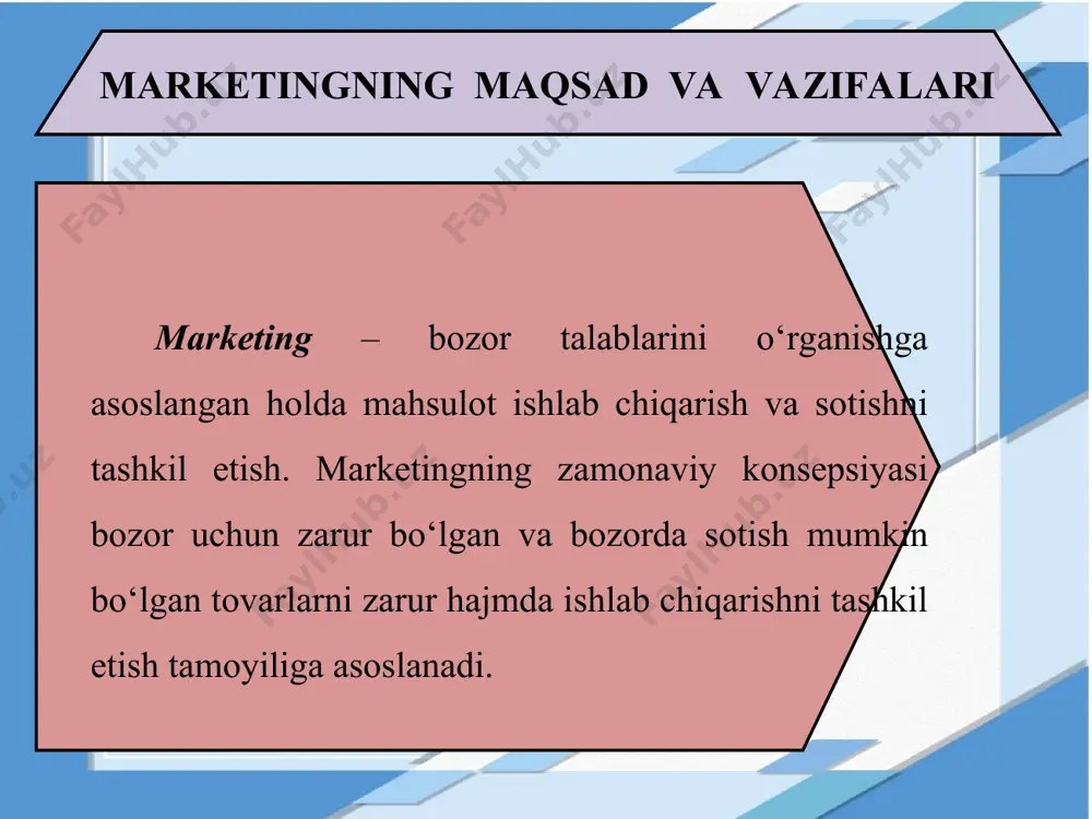iga xos xususiyatlari va boshqa shu kabi jihatlarni aniqlashga yordam beradi. marketing tadqiqotini o‘tkazish bosqichlari marketing tadqiqotining muvaffaqiyati uni o‘tkazish bosqichlarining sifatiga bog‘liq. marketing tadqiqotining asosiy bosqichlarini quyidagicha ifodalab ko‘rsatish mumkin. har bir bosqichga alohida to‘xtalib o‘tamiz. marketing tadqiqoti maqsadini aniqlash va vazifalarni qo‘yish marketing tadqiqotidan nima kutiladi – buni aniq tasavvur etish maqsadni aniqlab olishni taqozo etadi. maqsadga qarab, unga erishishni ta’minlovchi vazifalar belgilab olinadi. shuningdek, aynan shu bosqichda tadbirkorlikni tashkil etish borasidagi taxmin yoki farazlar ilgari suriladi. masalan: – maktab yonida tez tayyorlanuvchi ovqat mahsulotlari do‘konini ochish katta foyda keltiradi; – tayyorlangan mahsulotlarni o‘quvchilarning sinf xonalariga yetkazib berish usulidan foydalanish sotish hajmini keskin oshiradi va h.k. marketing tadqiqoti davomida ushbu taxmin yoki farazlarning to‘g‘ri yoki noto‘g‘riligi aniqlanadi. marketing tadqiqot rejasini ishlab chiqish marketing tadqiqoti davomida amalga oshiriladigan xatti-harakatlarning aniq majmuyi uning rejasini namoyon etadi. rejada, eng avvalo, quyidagi jihatlar bayon etiladi: 1) marketing tadqiqotini amalga oshirish borasidagi muammolar. …