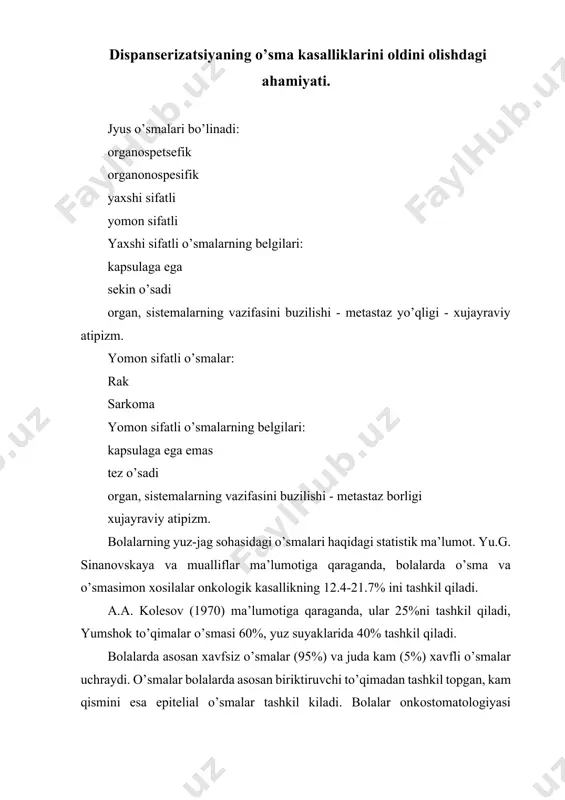 a’zo faoliyatining buzilishiga olib keladi. masalan: til ildizi sohasida joylashsa so’zlashuvning qiyinlashuviga, til harakatining chegaralanishiga, yutinishining buzilishiga olib keladi. o’sma yuzasi g’adirbudur, yaqindan yoki lupa yordamida kuzatilganda mayda-mayda donali, so’galli, burmali shaklni ko’rish mumkin. ayrim hollarda papilloma yuzasidagi shilliq qavat o’zgarishsiz sezilib, bunday hollarda uni fibromadan farqlash qiyin. papillomaning rangi shoxlanish darajasiga bog’liq-yaltiroq ko’kish rangda bo’lib, varikoz leykoplasiyaga o’xshab ketadi. u og’izning turli burchaklarida joylashishi mumkin. papilomaning kattalashishi-papillamatozlardir. bular og’iz bo’shlig’i shilliq qavatidagi shikastlanish va surunkali yallig’lanishga javob reaksiyasi shaklida, haqiqiy o’sma holida yuzaga keladi. shakllari: 1. reaktiv papilomatozlar a) qattiq tanglay va alveolyar o’siq shilliq qavat papilyar giperplaziv yallig’lanishi. b) lunj, lab, til shikastlanuvchi papillamatozi. v) tilning rombsimon papillamatozi. 2. plastik bo’lmagan tabiatli papilamatoz. sabab: ko’p vaqt davomida olib qo’yiladigan protezlar taqadigan bemorlarda, «aql tish» chiqishi, prikus buzilishi, noto’g’ri qo’yilgan plomba tashxisi: qiyin emas, unda oyoqchalar bo’lishi tashxisni yanada oydinlashtiradi. davolash: jarrohlik usuli. fibroma - mezenxima qatlamidan kelib chiqadigan …