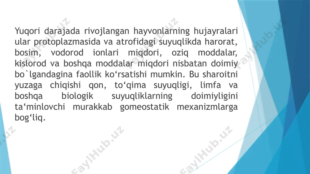 va undagi muallaq shaklli elementlardan tashkil topgan. qonning bu ikki qismi orasida ma‘lum nisbat saqlanadi. qon hajmining 55%i plazmaga to‘g‘ri keladi, qolgan 45% hajmni shaklli elementlar tashkil qiladi. qonning umumiy hajmidan eritrotsitlarga to‘g‘ri keladigan qismi gematokrit son, deb ataladi. erkaklarda gematokrit son 44-46%, ayollarda – 41-43% bo`ladi. katta odam organizmidagi qonning umumiy miqdori gavda vaznining 6-8%, ya‘ni 4-6 litrni tashkil qiladi. qonning organizmdagi miqdorini bo‘yoqlar yoki radioaktiv moddalar yordamida aniqlash mumkin. masalan, kongorot qonga ma‘lum miqdorda yuboriladi. oz vaqt o‘tishi bilan u qonda tekis taqsimlanadi. endi tomirdan qon olib, unda bo‘yoq konsentratsiyasi aniqlanadi va bo‘yoqning qonda suyulish darajasiga qarab, qon miqdori hisoblab topiladi. organizmdagi qonning hammasi oddiy sharoitda qon tomirlar bo‘ylab harakat qilmaydi. uning bir qismi zahiralarda saqlanadi. qon umumiy miqdorining 20% i jigarda, 16% i taloqda, 10% ga yaqini teri tomirlarida bo`ladi va ma‘lum vaqtgacha qon aylanishida ishtirok etmasligi mumkin. kislorodga ehtiyoj oshganda esa qonning zahiradagi qismi tomirlarga o‘tib, …