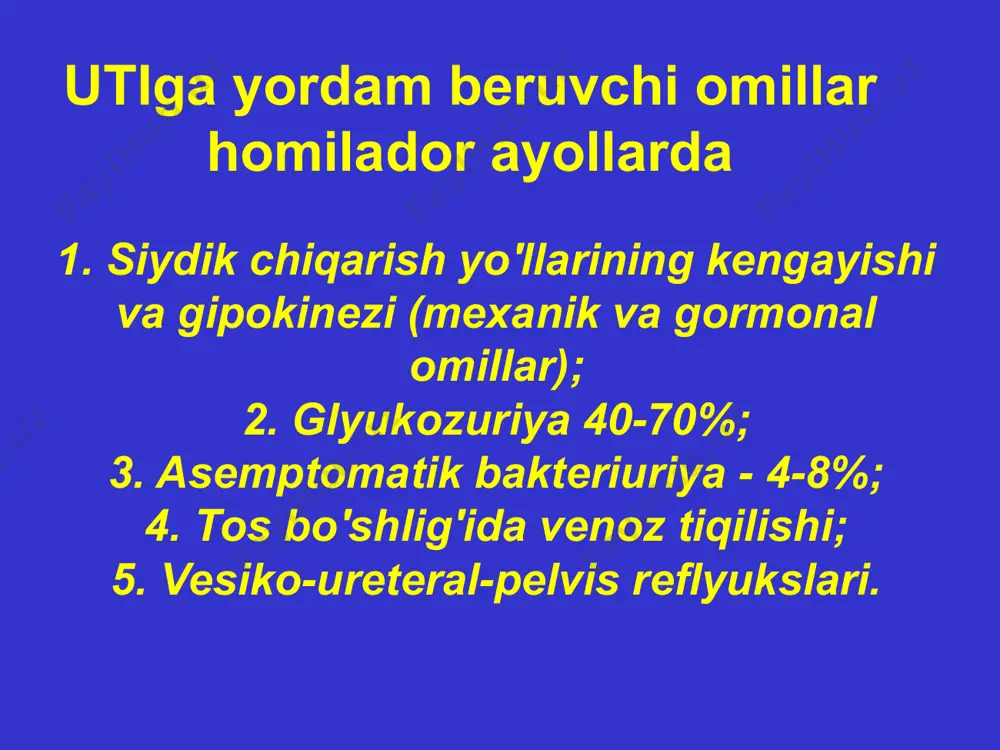 siydik chiqarishni tiklash usullari: ( 1) tizza-tirsak holati yoki yon tomonda joylashgan; ( 2) ureteral kateterizatsiya (kamroq afzal); 3) stentlash (bu eng samarali drenajdir - bu uzunligi, diametrini to'g'ri tanlash, stentning reflyuksiyaga qarshi himoyasi mavjudligi bilan maqbuldir, chunki bemorning faoliyati saqlanib qoladi) (4) ultratovush tekshiruvi ostida nefrostomiya (qiyin - malaka va g'amxo'rlik talab qiladi). homilador ayollarning pielonefritida invaziv usul bilan buyrakdan siydik chiqarishni qanchalik tez-tez tiklash kerak ? 1. kateterizatsiya (vaqtinchalik 2-3 kun); 2. stentlash (3-4 oy); 3. perkutan ponksiyonli nefrostomiya (ureterning obstruktsiyasi yoki teshilishi bilan). ureteral kateterni buyrak chanog'iga o'tkazish va uni 2-3 kunga qoldirish orqali siydik o'tishini tiklash. shu bilan birga, davolanishga akusher-ginekologlarni jalb qilgan holda intensiv antibakterial, infuzion va detoksifikatsiya terapiyasi o'tkaziladi. tekshiruv uchun siydik kateteridan siydik madaniyati olinadi. buyraklarning ultratovush tekshiruvi har kuni amalga oshiriladi. 2. 2-3 kundan so'ng, o'tkir jarayon susaygandan so'ng, ultratovush yordamida darhol nazorat qilinadigan buyrakda stent o'rnatiladi; - stentni o'rnatgandan so'ng tavsiya …
