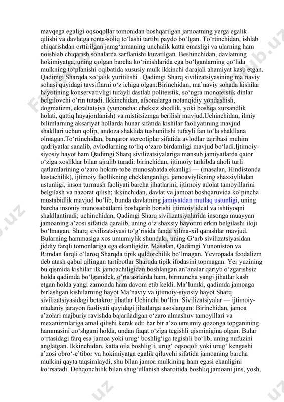 olar), mifologiya va din sohalarida erishilgan yutuqlar insoniyat qadimgi sivilizatsiyasiga qo‘shilgan ulkan hissa hisoblanadi. bu sivilizatsiya barcha asosiy jihatlari bilan noyobdir. uning paydo bo‘- lish davriga oid ma’lumotlar oz. xarappi va moxyandjo-daro yozuvi hozirgacha o‘qilmagan. bor manbalarda siyosiy-iqtisodiy masalalardan ko‘ra diniy falsafiy muammolar ko‘p o‘rin egallagan.bundan tashqari hind madaniyatida shimoldan-markaziy osiyodan kelgan oriylar hissasi bilan mahalliy qabilalar yaratuvchilik faoliyati nisbati masalasi ham bor. lekin hindistonda dehqonchilik, hunarmandchilik, chorvachilik va savdo-sotiqning rivojlanishi natijasida bu yerdagi daryolar bo‘ylarida ko‘plab shaharlar vujudga keldi. xitoy sivilizatsiyasi hindistondagidan farqli holda o‘zining ko‘pgina yozma tarixiy va arxeologik manbalariga ega. muayyan yo‘nalishda bo‘lishiga qaramay xitoyda ham sivilizatsiya daryo bo‘ylarida kelib chiqqan. donli o‘simliklar bilan birga yovvoyi hayvonlar xonakilashtirilgan. nafis hunarmandchilik buyumlari yasalgan. har bir harfi — iyeroglifi bir so‘zni anglatadigan alifbo ham shu davrda yaratilgan. mutaxassislar xitoyga chet sivilizatsiyasining, jumladan, yaqin sharq mintaqasining ta’siri borligini ta’kidlaydilar. dehqonchilik va hunarmandchilik madaniyatining rivojlanishi ilmiy bilimlarga ehtiyojni yuzaga keltirdi. ma’naviy …