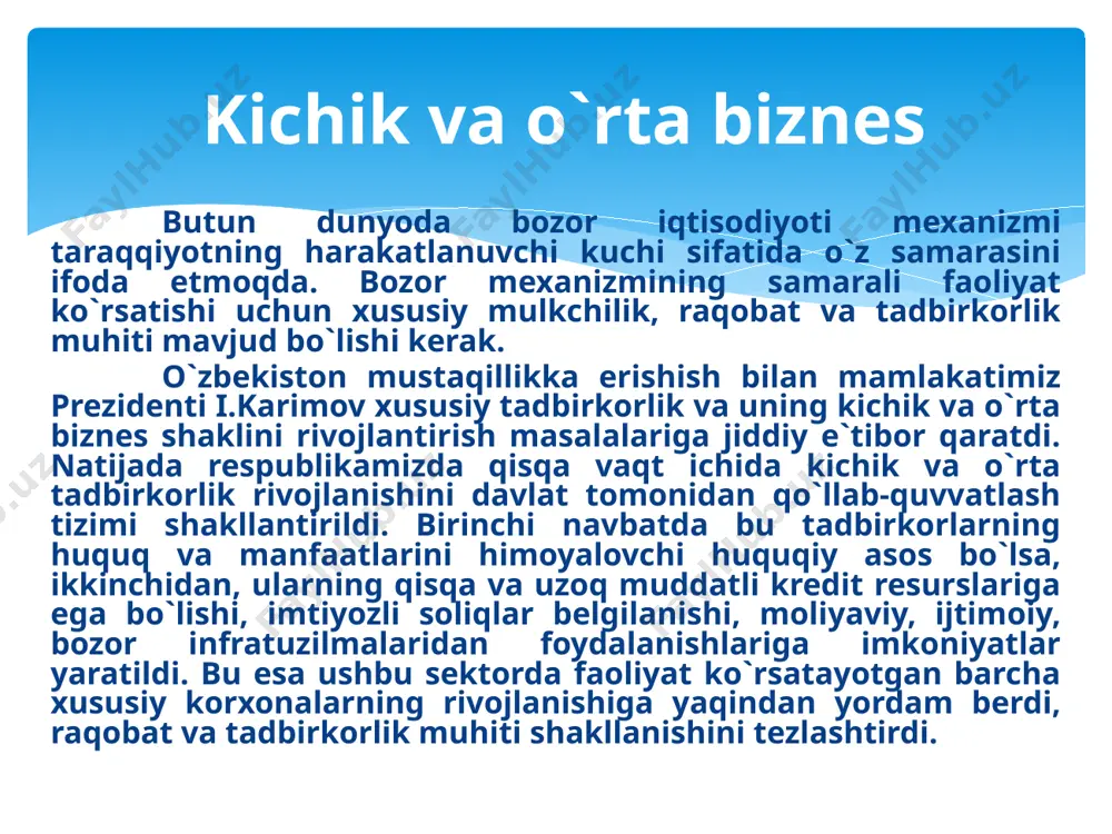 qo`llab-quvvatlash tizimlari takomillashtirildi va tadbirkorlik erkinligini himoya qilish chora-tadbirlari ishlab chiqilib, amalga oshirilmoqda. shular tufayli hozirgi kunda respublika xususiy mulk shaklidagi xo`jalik yurituvchi nodavlat korxonalari asosiy o`rin tutmoqda. ya`ni, 2001 yilda respublika bo`yicha ro`yxatga olingan korxonalarning 201,9 mingi yoki 90,5 foizi kichik, o`rta korxonalar va mikrofirmalardir. ularning shu yilgi yalpi ichki mahsulotdagi ulushi 33,8 foizni, shundan kichik va o`rta korxonalar ulushi esa 14,8 foizni tashkil etdi va bu o`tgan 2000 yilga nisbatan mos ravishda 2,8 va 1,7 foizga ko`pdir. shu bilan birga kichik va o`rta biznes. хususiy tadbirkorlik sohasida band aholining soni ham muntazam o`sib bormoqda. bu ko`rsatkich respublika bo`yicha 2001 yil boshiga nisbatan 7,1 punktga yuqoridir. kichik va o`rta biznesni moliyaviy qo`llab-quvvatlash ham muntazam o`sib bormoqda. tahlillar shuni ko`rsatadiki, kichik va o`rta biznesning rivojlanishi hali talab darajasida emas. buning uchun bizning fikrimizcha, davlat tomonidan olib borilayotgan tadbirkorlik muhitini faollashtirish bilan birga kichik va o`rta korxonalar faoliyatining bozor sharoitiga moslashuvini …
