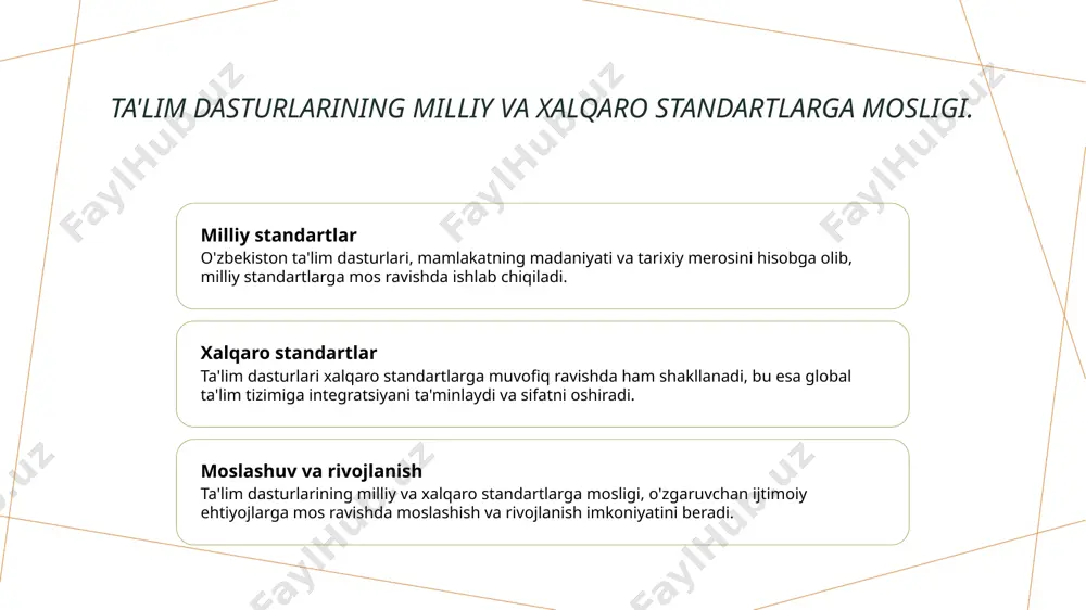 ir ko'rsatadi, yangi bilimlarni va ko'nikmalarni talab qiladi. ta'lim va iqtisod ta'lim iqtisodiy taraqqiyot uchun asos bo'lib, malakali ishchi kuchini tayyorlash orqali ishlab chiqarish samaradorligini oshirishga yordam beradi, bu esa ijtimoiy barqarorlikni ta'minlaydi. madaniy o'zgarishlar madaniy o'zgarishlar ta'limda yangi yondashuvlarni talab qiladi, bu esa talabalarga global muammolarni hal qilishda yordam beradi va tasavvurlarini kengaytiradi. xulosa ta'lim dasturlarining ahamiyati ta'lim dasturlari talabalarning bilim va ko'nikmalarini shakllantirishda muhim rol o'ynaydi, ularning shaxsiy va professional rivojlanishiga yordam beradi. innovatsion yondashuvlar zamonaviy ta'limda innovatsion yondashuvlar, o'qitish usullarini yangilash va talabalarning ehtiyojlariga moslashtirish muhim ahamiyatga ega. madaniyat va ijtimoiy ehtiyojlar ta'lim jarayonida madaniyat va ijtimoiy ehtiyojlarni hisobga olish, talabalarga kengroq dunyoqarash va ijtimoiy mas'uliyatni rivojlantirishga yordam beradi. спасибо! /docprops/thumbnail.jpeg