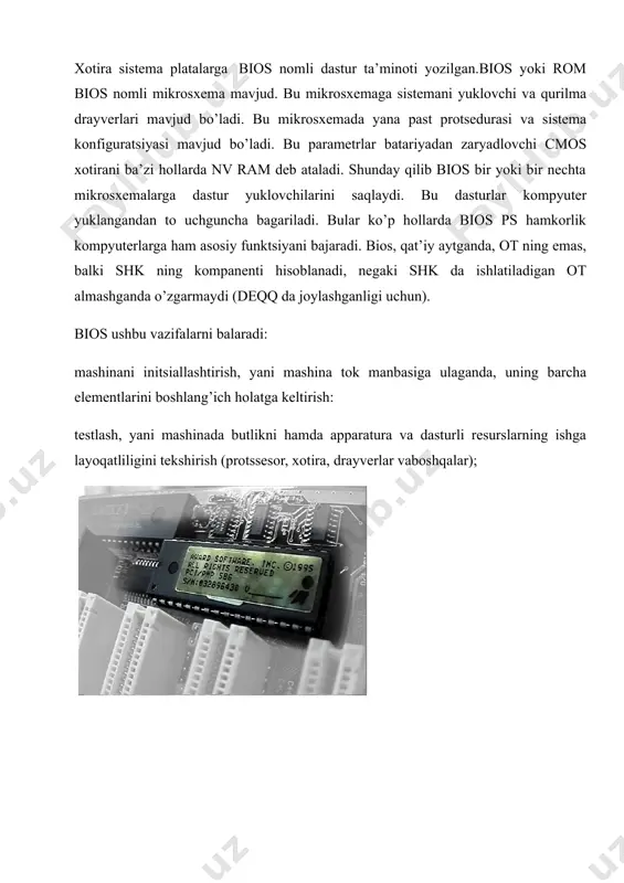 bios ps hamkorlik kompyuterlarga ham asosiy funktsiyani bajaradi. bios, qat’iy aytganda, ot ning emas, balki shk ning kompanenti hisoblanadi, negaki shk da ishlatiladigan ot almashganda o’zgarmaydi (deqq da joylashganligi uchun). bios ushbu vazifalarni balaradi: mashinani initsiallashtirish, yani mashina tok manbasiga ulaganda, uning barcha elementlarini boshlang’ich holatga keltirish: testlash, yani mashinada butlikni hamda apparatura va dasturli resurslarning ishga layoqatliligini tekshirish (protssesor, xotira, drayverlar vaboshqalar); operatysiontizimni initsiallashtirish, yani tizimli diskdan otning yuklovchisini o’qish; xizmat qo’rsatish jaroyonlarini va tashqi qurilmalar bilan amallarni bajaruvchi quyi darajali dasturli va apparatli uzatishlarni qayta ishlash; shk ning standart kiritish-chiqarish qurilmalarini boshqarish. shk ning tashqi qurilmalarini boshqarish drayverlar deb ataluvchi maxsus dasturlar yordamida amalga oshiriladi. 1.post. 2. programmani ustanovka qilish parametrlari. 3. yuklatuvchi. 4. bios. rom (read only memory)-tip tyamyati doimiy o’zida saqlaydigan xotira hisoblanadi. bu yozilga ma’lumotlar kompyuter uchgandan so’ng ham uning xotirasiga turadi. analogda bo’lgan xotira bios si ham boshqa vidioadapterlarda ishlatiladi. e’tibor berinki rom va …