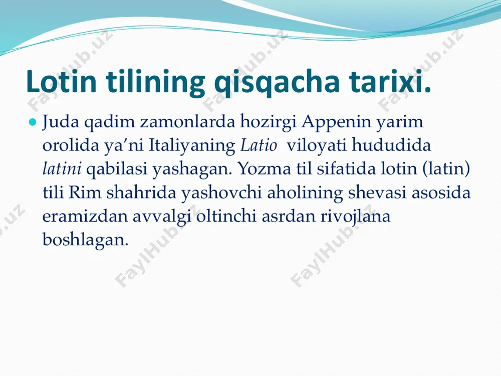 yunon va lotin yozma manbaalarida ushbu harflar, ayniqsa w uchramaydi).eramizning viii asriga kelib lotin alifbvosi yevropaning ko‘pchilik tillarida qo‘llanila boshladi. lotin tilining qisqacha tarixi. ● xx asrdan yevropa, amerika, osiyo, afrikaning 120 dan ortiq tillari, jumladan, alban, afrikan, bask, breton, venger, vetman, golland, dat, zulu, indonez, ingliz, island, ispan, italyan, yoruba, katalan, kongo, kutd, latish, lingal, litovs, luba, lujek, madura, malay, malag, mandin, maori, minankabau, nenis, norveg, polyak, portugal, retroraman, rumin, samao, serb, slovak, slovyan, soto, suaxili, sunda, tagal, turk, uels, fiji, fin, fransuz, xausa, xorvat, chvana, chex, shved, esperanto, eston, yavan tillari lotin alifbosidan foydalanmoqda. lotin tilining qisqacha tarixi. ● birinchi bor tibbiy atamalar yig'masini eramizdan oldingi beshinchi asrda yashagan alloma, tabib buqrot (gippokrat) yozgan. ko‘p olimlar o’zlarining ilmiy ishlarini lotin tilida yozib, ilmiy darajalarni himoya qilganlar. yevropa mamlakatlarida xviii asrgacha lotin tili fanda va ma'muriy ishlarda ishlatib kelingan. lotin tilining qisqacha tarixi. ● lekin milliy davlatlarning shakllanishi bilan …