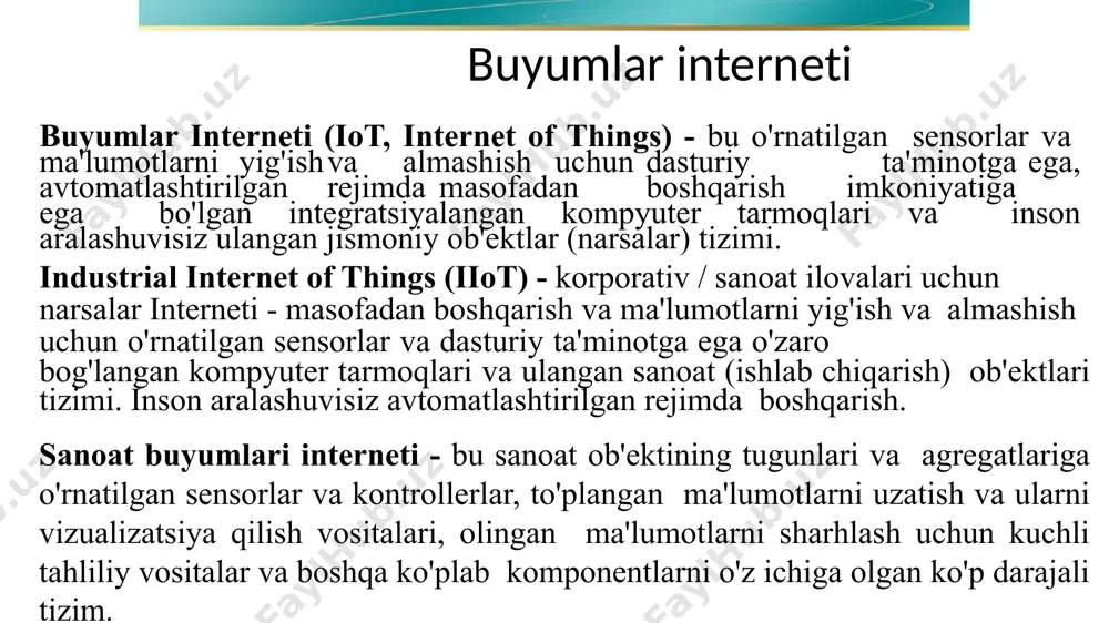 at sensorlari) va “buyumlar” (masalan, identifikatsiya yorligʻi bilan taʼminlangan dorilar) aloqa tarmoqlari (infraqizil, simsiz, quvvat va boshqalar) orqali bir-biri bilan oʻzaro taʼsir qilishi (past kuchlanishli tarmoqlar) va jarayonlarning toʻliq avtomatik bajarilishini taʼminlashi (qahva qaynatkichni yoqing, yoritishni oʻzgartiring, dori ichishni eslating, haroratni saqlang, bogʻni sugʻoring, energiyani tejang va uning sarfini boshqaring) barchasi qamrab olingan edi. uyni avtomatlashtirishning taqdim etilgan variantlari oʻz-oʻzidan yangi emas edi, ammo nashrda qurilmalar va “buyumlar”ni internet protokollari tomonidan xizmat koʻrsatadigan yagona kompyuter tarmogʻiga birlashtirishga urgʻu berildi va “buyumlar interneti”ni alohida hodisa sifatida koʻrib chiqdi. hozirda tushuncha keng ommalashmoqda. narsalar internetining asosiy ta’moyillari uning tushunchasi va atamasi birinchi marta massachusets texnologiya instituti qoshidagi auto-id labs tadqiqot guruhi asoschisi kevin eshton tomonidan 1999-yilda procter &amp; gamble boshqaruvi uchun taqdimotda ishlab chiqilgan. taqdimotda rfid teglarini keng qamrovli tatbiq etish korporatsiyada taʼminot zanjirini boshqarish tizimini qanday oʻzgartirishi mumkinligi haqida soʻz yuritildi. narsalar internetining asosiy ta’moyillari milliy razvedka kengashi hisobotida 2008-yil “buyumlar …