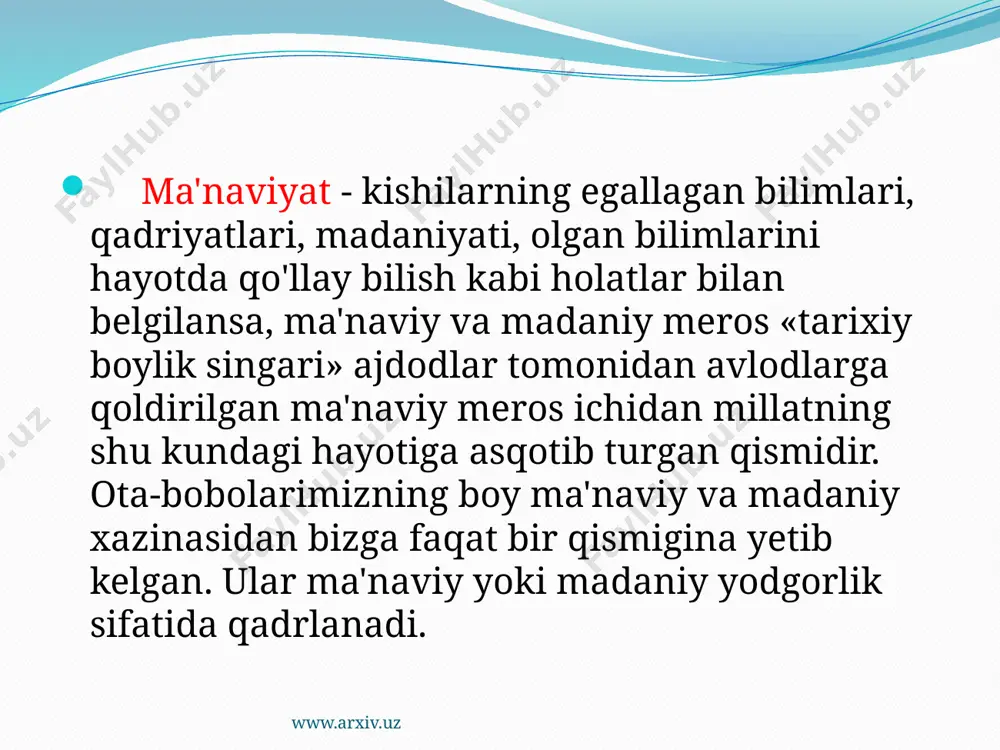plab olimlarimizning asarlari lotin, qadimiy fransuz, italyan, ispan tillariga tarjima qilinib, tarjimalar xii—xiii asrlar, asosan, xiv asrdan boshlab yevropa ilm-fani, falsafasiga chuqur ta'sir ko'rsatdi. bu asarlarning ko'pchiligi parij milliy kutubxonasida hozirgacha saqlanadi. www.arxiv.uz e’tiboringiz uchun rahmat www.arxiv.uz image2.png image3.png image4.jpeg image5.jpeg image6.jpeg image7.jpeg