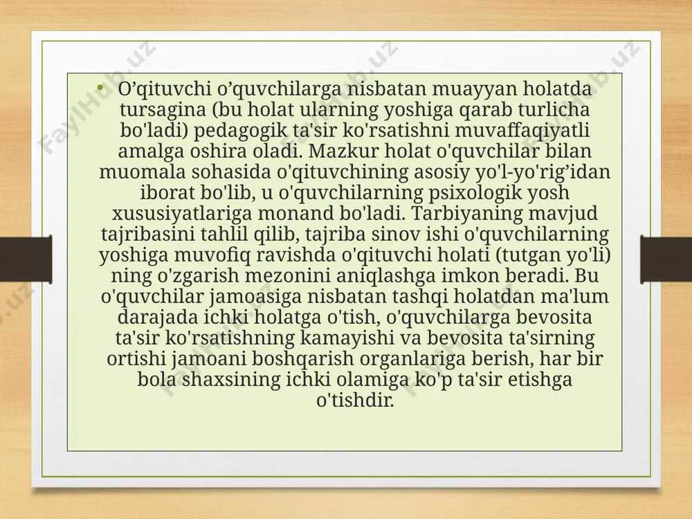 tmish g’oyaviy merosining muhim ahamiyatini tasdiqlab berish lozim. bunday holda u keng muammolar bo'yicha maslahatchi bo'lib keladi va yuqori sinf o'quvchilariga samarali ta'sir ko'rsatish imkoniga ega bo'ladi. o'quvchilar jamoasi - bilan muomala ko’pincha suhbat, leksiya, axborot shaklida bo'ladi. birinchi navbatda suhbatni qaiday boshlash, qanday qilib darhol o'qituvchining gaplariga bolalarning diqqatini tortish, qiziqtirish haqida galirib o'tamiz. jumladan, mavzuga diqqat tortish, uni tushuntirish, tahlil qilish, maqola, sitata keltirish mumkin. bunda o'qituvchi suhbat olib borayotganda ancha qisqa, lekin etarli aniq qilib ochib berish vazifasi turadi. buning uchun ular o'z tarbiyalanuvchilari bilan oromgoh hududida istiqomat qilayotgan keksa, yolg’iz bemor qariyalardan xabar olishi, ularniig uy ishlarida ko'maklashishi, zarur - bo'lsa kichik ta'mirlash ishlarini olib borishi mumkin. oromgohlarda ko'ngilli dam olish uchun sport bilan shug’ullanish, turli xil o'yinlar o'tkazish, kasb tanlash, bichish-tikish, qashtachilik va hokazolar. yosh tabiatshunoslar, sayyohlar va texniklar ish olib borishlari lozim, yozgi sport sog’lomlashtirish oromgohlarini tashkil etish an'anaga aylanib bormoqda. oromgox odatdagidek 1 …