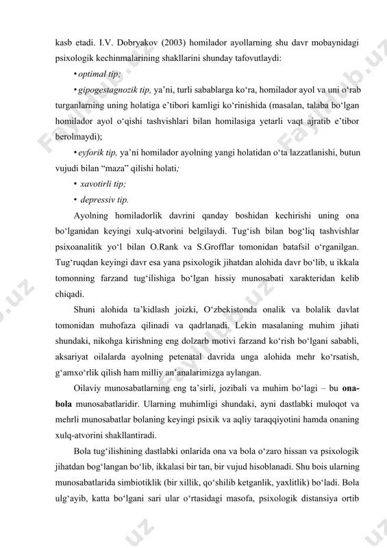 belgilaydi. agar ota va ona tomonidan ko‘rsatilayotgan g‘amxo‘rlik doimiy va samimiylik kasb etsa, bu e.erikson ta’biri bilan aytganda, “mutloq ishonch” (bazalnoye doveriye)ga asos bo‘ladi. ya’ni, haqiqiy, g‘amxo‘r ona bolasining ayni paytdagi barcha ehtiyojlarini qalban his etib, o‘sha zahoti qondirishga harakat qiladi, masalan, chanqasa suv, och qolsa – ko‘krak suti, peshob qistaganda, to‘sish kabi ishlarni o‘z vaqtida bajarib boradi. onaning bola ehtiyojlarini shu kabi aniq bilib, o‘z vaqtida mehr ko‘rsatishi ba’zan intuitiv tarzda kechsa, ba’zan ona o‘zini bola bilan identifikatsiya qiladi, ya’ni, o‘zini uning o‘rniga qo‘yish orqali, uning talab-istaklarini sezganday bo‘ladi, “vujudi bilan his etadi”. bunday his qilishlar odatda ona tomonidan aniq anglanmaydi, lekin, tabiiiyki, onaning kechinmalari va sezishlari to‘g‘ri chiqadi. lekin ba’zan pediatr yoki boshqa mutaxassis bilan bolaning holati haqida fikrlashganda ayrim hollarda o‘zining intuitiv qarorlari to‘g‘ri yoki noto‘g‘ri ekanligini anglab qoladi. tan-vujud bilan ona va bolaning yaxlitligi o‘ziga xos hissiyot bo‘lib, u ko‘pincha “xolding” (inglizcha “tutish”, “ushlash” so‘zidan olingan) …