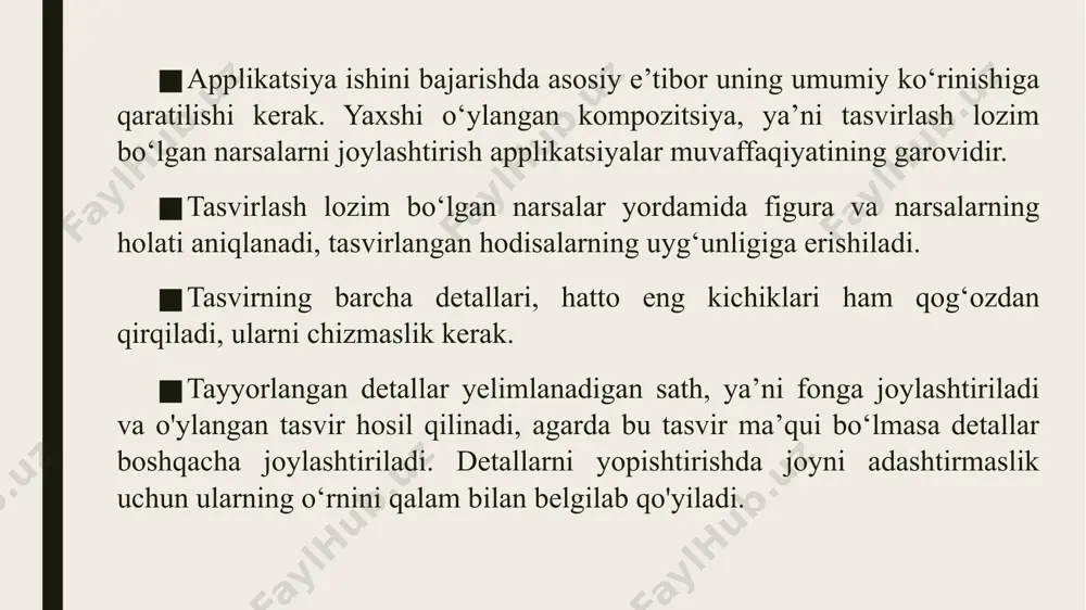 zatilib, tabrik so‘zi yoziladi. ish ijodiy tarzda bo‘lganligi uchun o‘quvchilar gullarni shoxlarga o‘zlari mustaqil joylashtiradilar. barglarni o‘qituvchi tarqatgan andoza bo‘yicha qirqadilar. tabriknomaning ichki tomoni naqsh bilan bezatilib, tabrik so‘zi yoziladi. mozaika monumental dekorativ san’at turlaridan biridir. turli davrlarda va turli mamlakatlarda mozaika qo‘llaniladigan materialiga ko‘ra ham, naqsh va rasmlariga ko‘ra ham o‘ziga xos xususiyatlarga ega bo‘lgan. o’rta osiyo madrasalari, masjidlar, hukmdorlarning saroylari mozaika bilan bezatilgan. mozaika hozirgi kunda monumental san’atga aylangan. mozaika bilan binolarning tashqi qismlari, devorlari va xalq amaliy san’ati asarlari bezatiladi. mozaika ishlarida oyna, sopol plitalaridan foydalaniladi. mohir ustalar rangli ko‘zgu parchalaridan ajoyib mozaika asarlari yaratishadi, ular quyoshda bir-biriga qo‘shilib va porlab, shodlik kayfiyatini yaratadi. mozaika bu rasm sathiga ayrim parchalar (qog‘oz, oyna, sopol, gul tojibarglari, tuxum po'sti va shu kabilar)ni qo‘yib chiqishdir. 1. tuxum po'stidan mozaika ishlarini bajarish uchun yuvib quritilgan tuxum po‘sti mo‘yqalam yordamida akvarel bo‘yoqlari bilan kerakli ranglarga bo‘yaladi. 2. bo‘yoq qurigandan keyin tuxum po‘stini …