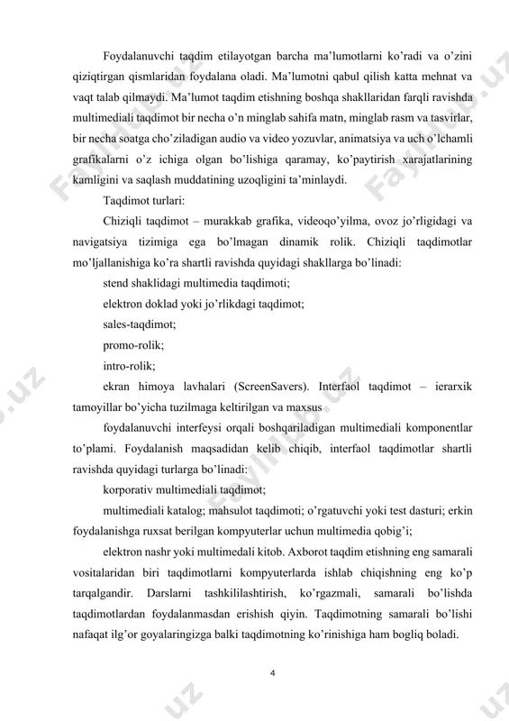 vositalaridan biri taqdimotlarni kompyuterlarda ishlab chiqishning eng ko’p tarqalgandir. darslarni tashkililashtirish, ko’rgazmali, samarali bo’lishda taqdimotlardan foydalanmasdan erishish qiyin. taqdimotning samarali bo’lishi nafaqat ilg’or goyalaringizga balki taqdimotning ko’rinishiga ham bogliq boladi. tinglovchilar bilan vizual aloqa o’rnatishda taqdimotning tashqi ko’rinish muhim ahamiyat kasb etadi. o’quv taqdimotiga qo’yilgan talablar. dars jarayonida taqdimotlar ko’rgazmali qo’llanma sifatida foydalaniladi. taqdimotga qo’yilgan asosiy talablarni ko’rib chiqamiz. multimediyali taqdimot mazmuniga qo’yilgan talablar: taqdimot mazmuni darsning maqsadi va vazifalariga mos kelishi; qabul qilingan imlo, tinish belgilari, qisqatirish va matnni kiritish qoidalariga amal qilish; ma’lumotlarni taqdim etishda aniq va ishonchli faktlarga asoslangan bo’lishi va bu borada xatolarga yo’l qo’ymaslik; slayddagi matnni qisqa va aniq bo’lishi; slayddagi har bir matnli ma’limot qismi mazmuni mantiqan tugallangan bo’lishi; bayoning qisqaligi va matnning axboriyligining yuqoriligi; ma’lumotning slaydda joylashuvi (ma’lumtolarning gorizatal joylashishi afzaldir, ma’lumotlarning muhim qismi slaydning o’rta qismida joylashuvi muhim; agar slaydda surat bo’lsa u holda matn uning pastki qismida joylashish maqul bo’ladi, matn …