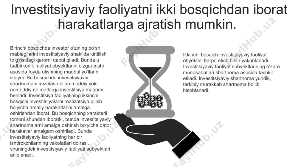 et-soliq siyosati, jumladan, fiksal siyosat, turli soliqlardan imtiyozlar berish, soliq kreditlari orqali; - davlat kafolatlari tizimi orqali; - chet ellik va mahalliy investorlarning huquqlarini himoya qilish; - ayrim tarmoq, soha, hududlar va ulardagi ob’ektlarni davlat o‘z nazoratida saqlab qolish, investitsiyalash orqali va shu kabilar. sanoati rivojlangan davlatlarda investitsiya faoliyati quyidagi yo‘nalishlarda olib boriladi: fuqarolar, davlatga qarashli bo‘lmagan korxonalar, xo‘jalik assotsiatsiyalari, jamoa va o‘rtoqlik xo‘jaliklari hamda jamoa mulkchiligi asosida tashkil etilgan tashkilotlar, nodavlat korxonalari va muassasalari; davlatni ma’muriy va boshqaruv bo‘linmalari, tashkilotlari hamda davlat korxonalari va muassasalari; chet el fuqarolari, xususiy firmalar, assotsiatsiyalar, kompaniyalar va huquqiy shaxslari hamda boshqa xorijiy davlatlar va halqaro moliya – kredit institutlari; qo‘shma korxona ko‘rinishida mahalliy va chet el fuqarolari, huquqiy shaxslar va davlatlar bilan hamkorlikda olib boriladi. korxonaning investitsiya faoliyatining strategik maqsadlarini shakllantirish bosqichlari: investitsiya faoliyati parametrlarini rivojlantirishning qonuniyatlari va xususiyatlarini aniqlash va ularga tashqi va ichki omillar ta’sirini aniqlash maqsadida investitsiya faoliyatining asosiy ko‘rsatkichlari …