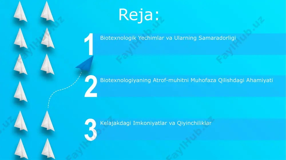 konini beradi. o'zbekistonning cho'l hududlarida genetik jihatdan modifikatsiya qilingan o'simliklar yordamida tuproq eroziyasini kamaytirish bo'yicha 2023 yilda o'tkazilgan tadqiqotlar 15% ga yaqin samaradorlik ko'rsatkichiga ega bo'ldi. biomonitoring va ekologik xavfsizlikni baholash genetik biomarkyorlar yordamida 1000 dan ortiq namunalarda toksik moddalarning ta'sirini aniqlash orqali toshkent viloyatida ekologik xavfsizlikni baholash mumkin. mikroorganizmlarning bioluminesensiya faolligini o'rganish orqali qoraqalpog'iston respublikasida 20 turdagi ifloslantiruvchi moddalarning konsentrasiyasini aniqlash va ekologik xavfni baholash mumkin. suv tozalashda biotexnologiya qo'llanilishi start andijon viloyatida sanoat chiqindilarini bioremediasiya usuli bilan tozalashda, 2000 gektar maydonda 70% gacha ifloslanish darajasini kamaytirishga muvaffaq boʻlindi. biotexnologiya yordamida orol dengizi atrofidagi tuproqlarni 2022 yilda o'tkazilgan tadqiqotlarga ko'ra, 50% gacha tozalashga erishildi, bu esa tuproq unumdorligining oshirilishiga yordam berdi. davlat siyosati va biotexnologiyaning roli тошкент шаҳридаги биологик хавфсизлик маркази 20 дан ортиқ турдаги заҳарли моддаларни парчалаш учун янги биотехнологик усулларни ишлаб чиқмоқда, бу ер ости сувларининг ифлосланишини камайтиришга ёрдам беради. ўзбекистондаги 5 та вилоятда биоремедиация технологияларидан фойдаланиб, …