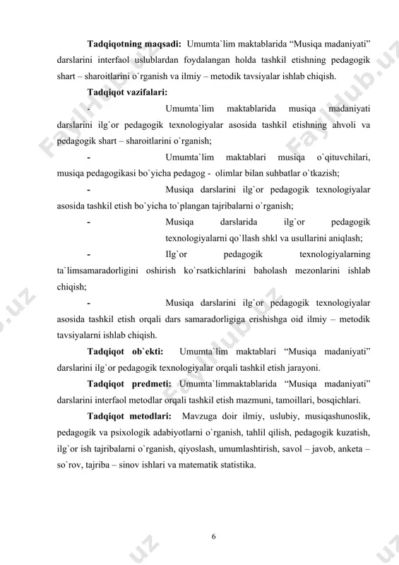 publikasining o`zbekistonda ta`limni yangicha asoslarda qayta qurish, takomillashtirishga oid farmonlari, qarorlar, prezidentimiz asarlari, nutqlari, umumiy o`rta ta`limning musiqa faniga oid darsliklari, shuningdek, pedagogika, psixologiya, estetikaga oid ilmiy – uslubiy manbaalar. ishning ilmiy – amaliy ahamiyati: 1. musiqa darslari samaradorligini oshirishda interfaol usullardan foydalanish muammosi musiqa pedagogikasida birinchi bor tadqiq etildi. 2. umumta`lim maktablarida faoliyat yuritayotgan musiqa o`qituvchilarini darslarni interfaol metodlardan foydalangan holda tashkil etish bo`yicha ilmiy – uslubiy manbaadan foydalanish imkoniyatlari yaratildi. 3. musiqa darslarini interfaol usullar yordamida tashkil etish bo`yicha ilmiy asoslangan tavsiyalar ishlab chiqildi. dissertatsiyaning tarkibiy tuzilishi: dissertatsiya kirish, 3 bob, 6 paragraf, umumiy xulosalar va foydalanilgan adabiyotlar ro`yxatidan iborat bo`lib, umumiy hajmi sahifani tashkil etdi. i bob: ta`lim samaradorligini oshirishda ilg`or pedagogik texnologiyalarning o`rni va ahamiyati. 1.1. ta`lim jarayoniga pedagogik texnologiyalarni joriy etishning ilmiy nazariy asoslari. kadrlar tayyorlash milliy dasturini ro`yobga chiqarishning hozirgi kunda hal qiluvchi bosqichida ko`zda tutilgan sifat va samaradorlik ko`rsatkichlariga erishish uchun ta`lim – …
