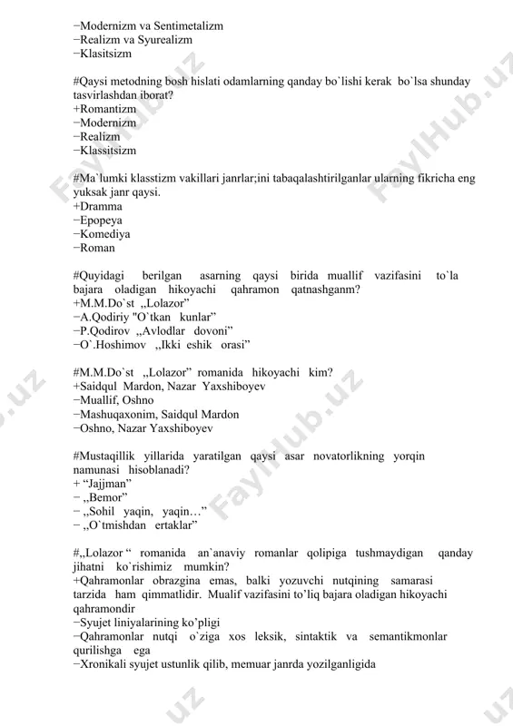 chli hayajon −yo`qlik −an’ana #qaysi ijodkorning badiiy shakl sohasidagi novatorligi shundaki, sheriyatimizga ijroviy lirika personajli lirika kabi ko`rinishlarni olib kirgan. +cho`lpon −sh. raxmon −hamza −a.suyun #mumtoz adabiyotimizdagi an`anaviy poetik obrazlar qaysi? +yor, oshiq, visol −ma`rifatparvar shaxs −talantli ijodkor −lirik qahramon #traditsion janrlarda yangi asarlar yaratish kimlar ijodida uchraydi? +g`.g`ulom, m.shayxzoda. −oybek, a.qodiriy −a.muxtor, oybek −h.olimjon, g`.g`ulom #asqad muxtorning ,,chinor romanining novatorligi nimada? +shavqatsiz reallizmning olib kirganligida −ilk roman janrini olib kiganligida −hikoyachi asosan bosh qahramon bo`lganligida −mualif fikri ham qo`llanganligida #mumtoz adabiyoti an`analari bag`rida yetishsada, she’riyatga qator yangiliklar kiritgan ijodkor? +cho`lpon −a.qodiriy −fitrat −usmon nosir #she’riyatga ijroviy -personajlik lirikani kim kiritgan? +cho`lpon −a.qodiriy −fitrat −usmon nosir #qaysi asarda yonidagi hujjatini yo`qotib qo`ygani uchun o`zga yurtda g`aroyib uqubatlarni boshidan kechirgan yigitning sevgi qissasi bayon qilingan? +,,mashaqqatlar girdobi” − ,,armon asirasi” − ,,bozor” − ,,ovoraning ko`z yoshlari” #cho`lpon ijodida novatorlik nimadan iborat edi? +sarrbast va barmoq imkoniyatlaridan keng foydalandi −shavqatsiz realizmni olib …