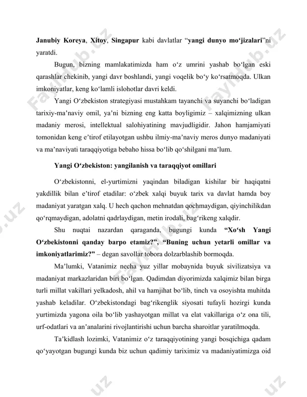 an, metin irodali, bagʻrikeng xalqdir. shu nuqtai nazardan qaraganda, bugungi kunda “xoʻsh yangi oʻzbekistonni qanday barpo etamiz?”, “buning uchun yetarli omillar va imkoniyatlarimiz?” – degan savollar tobora dolzarblashib bormoqda. maʼlumki, vatanimiz necha yuz yillar mobaynida buyuk sivilizatsiya va madaniyat markazlaridan biri boʻlgan. qadimdan diyorimizda xalqimiz bilan birga turli millat vakillari yelkadosh, ahil va hamjihat boʻlib, tinch va osoyishta muhitda yashab keladilar. oʻzbekistondagi bagʻrikenglik siyosati tufayli hozirgi kunda yurtimizda yagona oila boʻlib yashayotgan millat va elat vakillariga oʻz ona tili, urf-odatlari va anʼanalarini rivojlantirishi uchun barcha sharoitlar yaratilmoqda. taʼkidlash lozimki, vatanimiz oʻz taraqqiyotining yangi bosqichiga qadam qoʻyayotgan bugungi kunda biz uchun qadimiy tariximiz va madaniyatimizga oid yangi ilmiy tadqiqotlar har qachongidan muhim ahamiyatga ega. shuning uchun ham biz jahondagi ilmiy-madaniy tashkilotlarni oʻzbekiston madaniy merosini oʻrganish, asrab-avaylash va targʻib etish jarayonlariga keng jalb etib, dunyoning turli mamlakatlaridagi shu yoʻlda birga ishlash istagini bildirgan olimlar va mutaxassislarga har tomonlama yordam berishda davom etish …