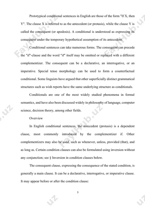 rogative sentence, condition second) if you see it, photograph it. (imperative sentence, condition first) photograph it if you see it. (imperative sentence, condition second) as with other dependent clauses in written english, it is common[clarify] for a comma to be used to separate the clauses if the dependent clause comes first (as is done in the above examples). see comma § separation of clauses. it is possible for the consequence clause to appear alone in a sentence, without a condition clause, if the condition has been previously stated or is understood from the context. it may also be shortened by verb phrase ellipsis; a minimal conditional sentence could therefore be something like "would you?" or "i would." this phenomenon is known as modal subordination. counterfactual conditionals see also: counterfactual conditionals like other languages, english uses past tense morphology to indicate that the speaker regards the antecedent as impossible or unlikely. …