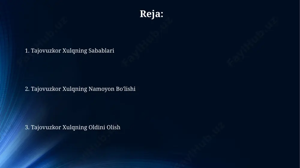 iloyatida sodir etgan ommaviy janjali. verbal tajovuzning 2-turi – haqorat, tahdid va qo'rqitish. masalan, 15 yoshli o'quvchining maktabda sinfdoshiga qilgan zo'ravonlikka oid 7 ta so'zdan iborat tahdidlari. tajovuzkor xulqdan qanday qutulish mumkin o'zbekistondagi 2023 yilgi tadqiqotlar shuni ko'rsatdiki, muntazam jismoniy mashqlar, haftasiga 3 marta kamida 30 daqiqa, g'azab va tajovuzkorlik his-tuyg'ularini samarali kamaytiradi. tajovuzkorlikka moyilligi yuqori bo'lgan shaxslar uchun, toshkentdagi mutaxassislar tomonidan taklif qilingan kognitiv xulq-atvor terapiyasi (kht) seanslari, 7-8 hafta davomida o'tkazilganda, salbiy fikrlash uslublarini o'zgartirishga yordam beradi. tajovuzkor xulqni boshqarish uchun, masalan, 5-10 daqiqali kundalik meditatsiya mashqlari, samarqanddagi psixologlar tomonidan tavsiya etilganidek, stress darajasini sezilarli darajada pasaytirishi mumkin. tajovuzkor xulqning sabablari bolalik davrida tajovuzkor muhitda o'sgan 35% dan ortiq bolalar, masalan, zo'ravonlikka guvoh bo'lgan yoki jismoniy jazoga uchragan bolalar, keyinchalik hayotlarida tajovuzkor xulq namoyon qilishi mumkin, bu o'zbekiston milliy psixologiya instituti ma'lumotlariga ko'ra. tajovuzkor xulqning 20% gacha bo'lgan hollari genetik moyillik bilan bog'liq bo'lib, shu jumladan, miya tuzilishi …