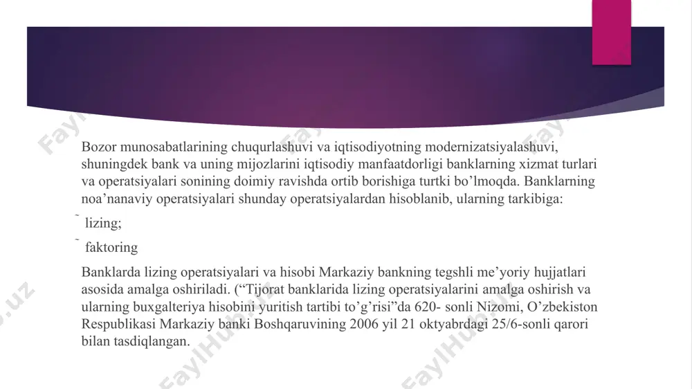 o’zaro tuzilgan shartnomalar asosida amalga oshiriladi. faktoring operatsiyalarning maqsadi sotilgan tovarlar yoki ko’rsatilgan xizmatlar uchun to’lovlarni faktoring kompaniyalari yoki bank mablag’lari hisobidan to’lash asosida muddati o’tgan to’lovlar va umidsiz qarzdorliklar miqdorini kamaytirishdan iboratdir. faktoring operatsiyalari bank tomonidan amalga oshirilganda banklarda maxsus bo’lim tashkil etiladi. bankda faktoring operatsiyalari moliyaviy manbasi bolib bankning o’z mablag’lari, jalb etilgan va kredit mablag’lar hisoblanadi. bank sotilgan tovar yoki ko’rsatilgan xizmatlar uchun to’lov summasini zudlik bilan to’lab berish maqsadida sotuvchidan to’lov talabnoma yoki schetfakturada ko’rsatilgan summani diskont asosida sotib oladi va debitorga nisbatan barcha huquqni o’ziga o’tkazadi e’tiboringiz uchun raxmat image1.jpeg image2.jpeg image3.jpeg /docprops/thumbnail.jpeg