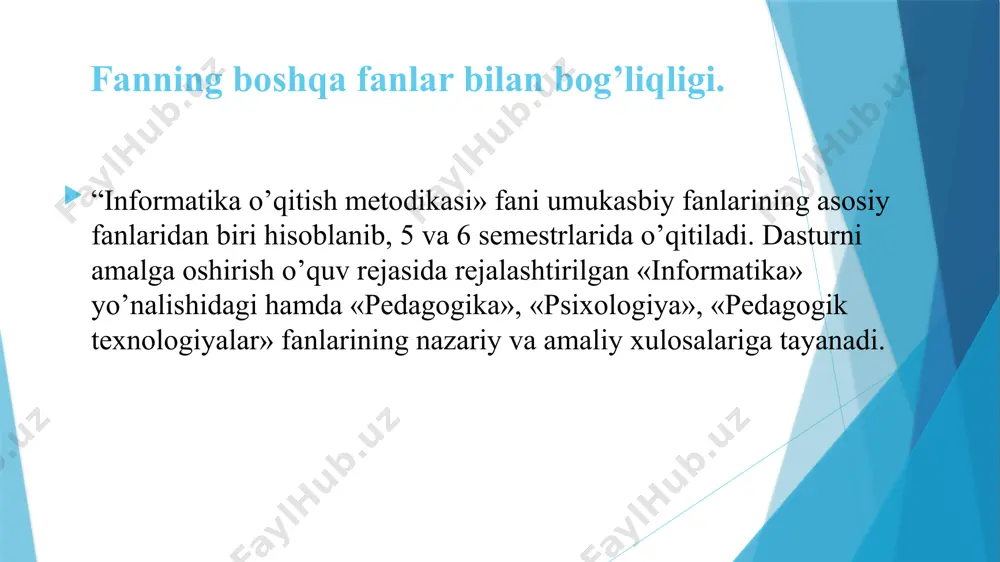 hi va tinglovchining birgalikdagi harakati, nafaqat auditoriya mashg‘ulotlari, balki auditoriyadan tashqari mustaqil ishlarning nazorati. monitoring va baholash: o‘quv mashg‘ulotida ham butun kurs davomida ham o‘qitishning natijalarini rejali tarzda kuzatib borish. kurs oxirida test topshiriqlari yoki yozma ish variantlari yordamida tinglovchilarning bilimlari baholanadi. e’tiboringiz uchun raxmat!!! /docprops/thumbnail.jpeg
