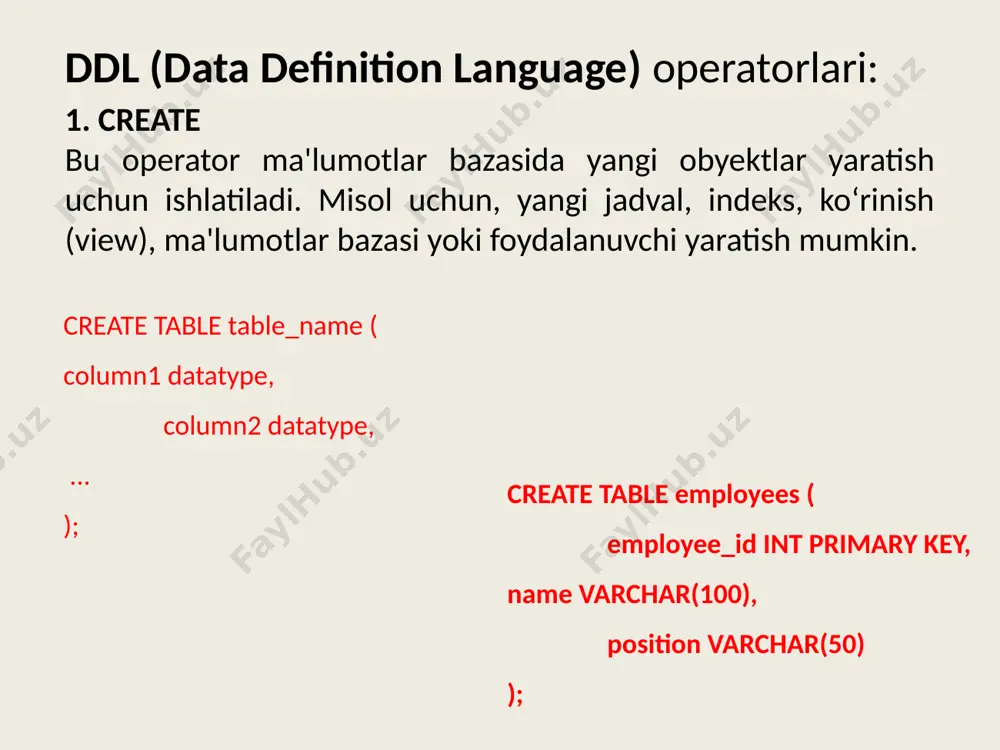 advalni o`chirish alter table jadvalni o`zgartirish mavjud jadval tuzilmasini o`zgartirish yoki joriy jadval uchun o`rnatilgan butunlik cheklanishlarini o`zgartirish create view tasvir yaratish biror sql –so`roviga mos virtual jadvalni yaratish sql operatorlarini yozish 2 jadval. ma`lumotlarni boshqarish operatorlari dcl (data control language) – ma`lumotlarni boshqarish tili operator ma`nosi amal alter database mb ni o`zgartirish butun mb ga tegishli bo`lgan ob`ektlar va cheklanishlar to`plamini o`zgartirish alter dbarea mb saqlash sohasin o`zgartirish avval yaratilgan saqlash sohasini o`zgartirish alter password parolni o`zgartirish butun mb parolini o`zgartirish create database mb yaratish barcha parametrlarini ko`rsatgan holda yangi mb ni yaratish create dbarea saqlash sohasini yaratish yangi saqlash sohasini yaratish va unda ma`lumotlarni joylashtirishga ruxsat etish drop database mb ni o`chirish mavjud mb ni o`chirish (bunday amal bajarish vakolatiga ega bo`lgan foydalanuvchilar uchun) drop dbarea mb saqlash sohasini o`chirish mavjud saqlash sohasini o`chirish (agar unda joriy vaqtda faol ma`lumotlar joylashmagan bo`lsa) grant vakolat berish mb ba`zi ob`ektlari …
