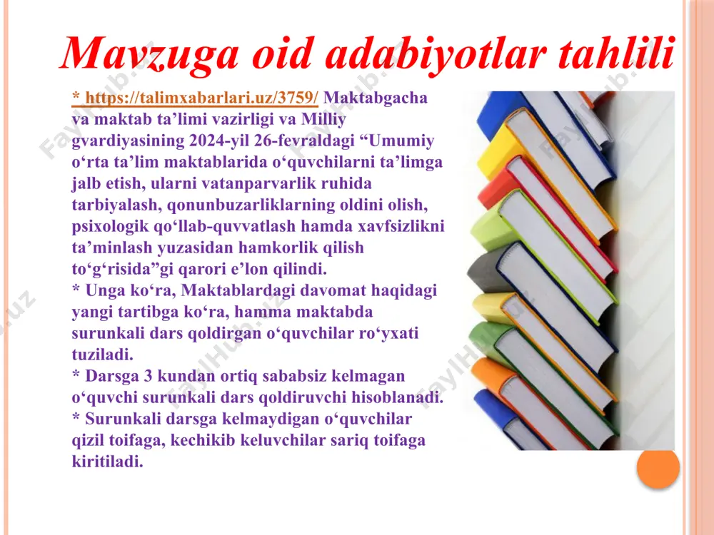 i hal qilishda yordam beradigan murabbiylar bilan ishlaydi. aqsh: mukofot va mukofot tizimi: qo‘shma shtatlarda muntazam ravishda darsga qatnashish uchun mukofot tizimi ko'pincha qo‘llaniladi, masalan, turli aksiyalar, qo‘shimcha imtiyozlar yoki sovrinlar. motivatsion dasturlar: ba’zi maktablar muntazam ravishda darslarni qoldiradigan o‘quvchilar uchun musobaqalar, mavzuli tadbirlar va maxsus dasturlarni o‘z ichiga olgan motivatsion dasturlarni o‘tkazadilar. xulosa profilaktika inspektorlariga ish kunini aynan ta’lim muassasalariga tashrif buyurishdan boshlash maqsadga muvofiq bo`ladi . bolalari tarbiyasiga bee’tibor va ularga salbiy ta’sir ko‘rsatuvchi ota-onalarga qonun doirasida alohida choralar qo‘llanilishi lozim. tarbiyasi og‘ir o‘quvchilar ichki ishlar tizimidagi maxsus muassasalarga yuborilishi lozim. n muammo amalga oshirish mexanizmi mas’ullar muddati natija 1 maktablarda ko‘p dars qoldirayotgan o‘quvchilar haqida toliq ma`lumotlarga ega bo‘linmayotgani direktor o‘rinbosari sababsiz darsga kelmagan o‘quvchilarni aniqlab, ro‘yxatini shakllantiradi va inspektor-psixolog, biriktirilgan milliy gvardiya xodimlariga taqdim etadi direktor o‘rinbosari o‘quv yili davomida natijada “xavfsiz maktab” konsepsiyasini keng joriy etiladi 2 o‘quvchilarning oilaviy sharoitlari sababli turli hil yonlanma ishlarga …
