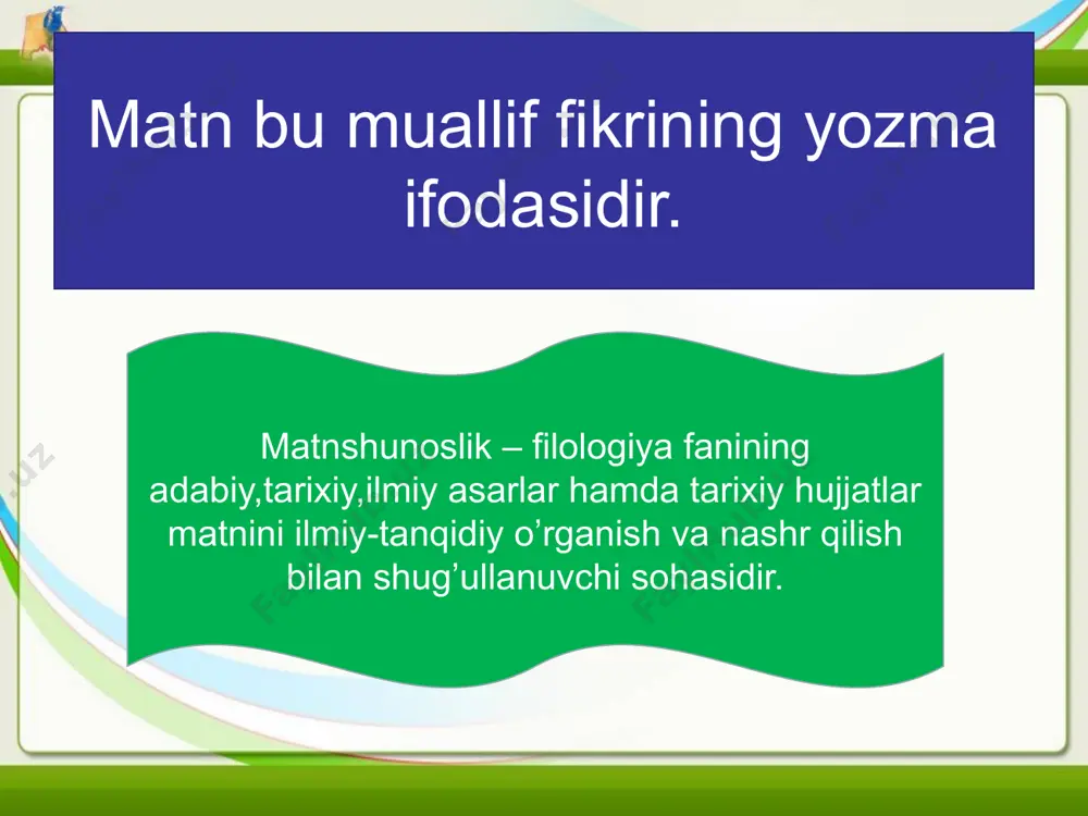 i. transliteratsiya – nashrda asar matni qo’lyozma grafikasidan amaldagi yozuvga o’girish. o’qish uchun eski o’zbek yozuvidagi devondan namuna: foydalanilgan adabiyotlar habibullayev a,hasanov m. adabiy manbashunoslik va matnshunoslikning nazariy masalalari.-toshkent,2011. habibullayev a.adabiy manbashunoslik va matnshunoslik.-toshkent,2000. image3.jpeg image4.png image5.jpeg image6.jpeg image7.jpeg image1.jpeg