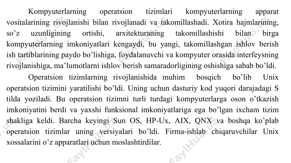 rmoqlarni qurish uchun yaxshi platforma bо’lgan os/2 ning paydo bо’lishi bо’ldi. mahalliy tarmoqlarning paydo bо’lishi bilan ajratiladigan resurslar tushunchasi paydo bо’ldi, operatsion tizim tashqi dasturlarni -tarmoq qobiqlari bilan tо’ldirdi. operatsion tizimning muhim vazifalaridan biri axborot xavfsizligini ta’minlashdan iborat. ayniqsa, bu muammo о’z ma’lumotlar bazasiga ega quvvatli serverlar asosidagi korporativ tizimlarning paydo bо’lishi bilan dolzarb bо’ldi. axborot resurslarni va sirli axborotlarni himoyalash zarurati operatsion tizimlarning takomillashishi va rivojlashishiga yangi turtki berdi. korporativ operatsion tizimlar katta ishlab chiqarish va moliya tuzilmalarida ishlashi kerak bо’ldi. korporativ tizimlar uchun turli ishlab chiqaruvchilardan bir turda bо’lmagan dasturni va apparat vositalarining mavjud bо’lishi muhimdir, shuning uchun korporativ operatsion tizim har xil turlardagi operatsion tizimlar bilan о’zaro ishlash va turli apparatli platformalarda ham ishlashi kerak. 90-yillarda netware 4.x va 5.0 microsoft windows nt 4.0 operatsion tizimlari, shuningdek, unix- tizimlar keng qо’llanilgan. bu davrda yirik serverlar uchun os/390 operatsion tizim yaratilgan, u tcp/ip protokollar asosida foydalanuvchilar bilan tarmoqda …