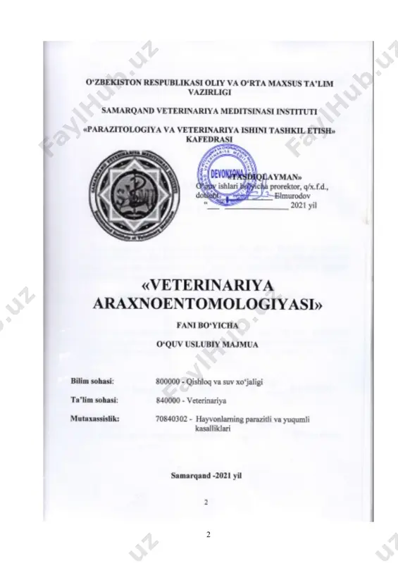 oologiyasi va araxnoentomologiyasi. o‘quv qo‘llanma, toshkent, “navro‘z”, 2020. qo‘shimcha adabiyotlar 1. mirziyoev sh.m. erkin va farovon demokratik o‘zbekiston davlatini birgalikda barpo etamiz. toshkent, “o‘zbekiston” nmiu, 2017. – 29 b. 2. mirziyoev sh.m. qonun ustuvorligi va inson manfaatlarini ta’minlash yurt taraqqiyoti va xalq farovonligining garovi. toshkent, “o‘zbekiston” nmiu, 2017. – 47 b. 3. mirziyoev sh.m. buyuk kelajagimizni mard va olijanob xalqimiz bilan birga quramiz. toshkent, “o‘zbekiston” nmiu, 2017. – 485 b. 4. o‘zbekiston respublikasi prezidentining 2017 yil 7 fevraldagi “o‘zbekiston respublikasini yanada rivojlantirish bo‘yicha harakatlar strategiyasi to‘g‘risida”gi pf-4947-sonli farmoni. toshkent, o‘zbekiston respublikasi qonun hujjatlari to‘plami, 2017 y., 6-son, 70-modda. 5. haqberdiev p.s. //parazitologiya fanidan amaliy mashg‘ulotlarni bajarish bo‘yicha uslubiy qo‘llanma. samarqand, 2010. 6. “zooveterinariya” jurnali. toshkent.№ 1-12.2010-2019. 7. “veterinariya” jurnali, moskva №1-12. 2010-2019. 8. ilmiy maqolalar va ma’ruzalar to‘plamlari (veterinariya sohasida) internet va ziyonet saytlari www. ziyo.net.uz. email: zooveterinariya @ mail.ru email: veterinariya @ actavis.ru/ www.sea@mail.net21.ru www.veterinary@actavis.ru www.fvat@academy.uzsci.net www.dbugs.net/page/6 veterinariya araxnologiyasi …