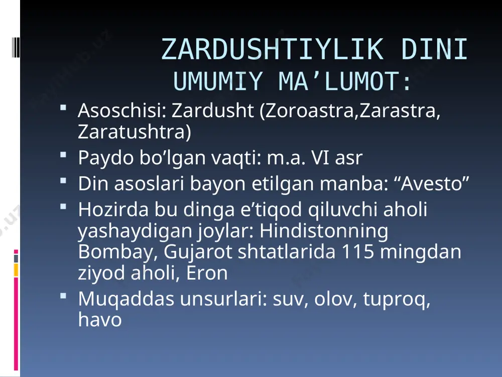 k, ota-ona keksalar maslahatiga quloq solingan va ularga ravshan andisha bilan qaralgan. yaxshi bilan yomonni ajratishga diqqat qilingan. har bir erkak va ayol fursatni boy bermay, o’zi to’g’ri yo’lni tanlashi, tokim hayoti pok xiradmand yor bilan o’tadishi maslahat qilingan. zardushtiylikda ko'pxotinlik qat'iy man etilgan. ayni paytda hayotni bo'ydoq o'tkazish ham qoralangan. balog'atga yetgan qiz bola ota-ona, jamoaning ra'yini pisand qilmay, o'zidan zurriyot qoldirishni istamay, qasddan turmushga chiqmay umrguzaronlik qilib yursa, u qopga solinib, 25 darra kaltaklanish bilan jazolangan; yigit zurriyot qoldirish qobiliyati bo'la turib, ataylab uylanmay yursa, uni badnom qilinish maqsadida har doim temir kamar bog'lab yurishga majbur qilingan. zardusht quyidagicha murojaat etadi:“endi men sizlarga shaxsan murojaat etaman: pandimga quloq soling va aytganlarimni xotirangizga muhrlab qo’ying. halollik bilan kun kechirish yo’lida g’ayrat va shijoatli bo’ling. har biringiz yaxshi xulqingiz bilan mehr qo’ying, tokim muqaddas er-xotinlikni xursandlik va xushbaxtlik bilan o’tkazing. ayol huquqini tahqir etmoq yomon amaldir, u nodonlik belgisidir. ey …