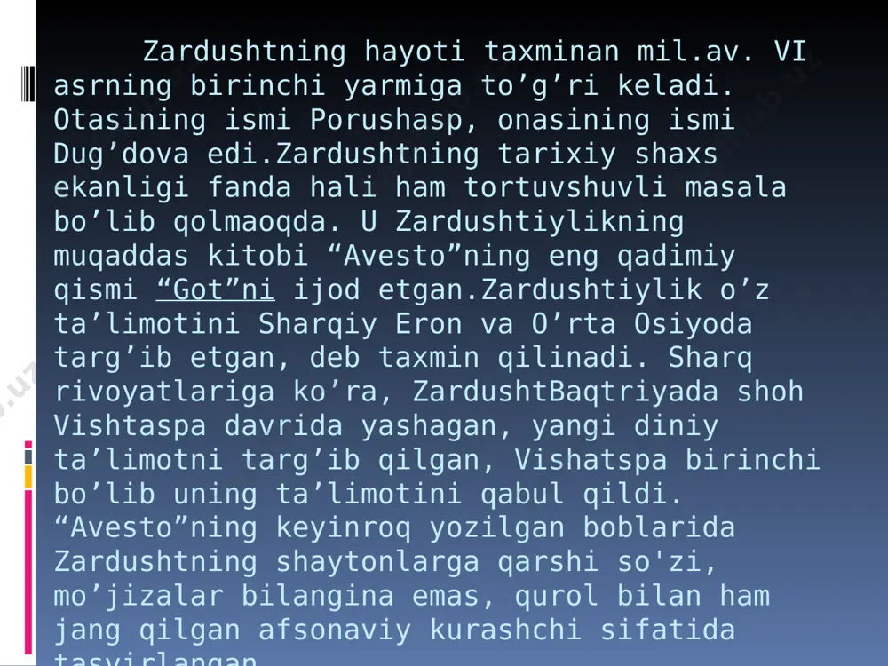 ravshan andisha bilan qaralgan. yaxshi bilan yomonni ajratishga diqqat qilingan. har bir erkak va ayol fursatni boy bermay, o’zi to’g’ri yo’lni tanlashi, tokim hayoti pok xiradmand yor bilan o’tadishi maslahat qilingan. zardushtiylikda ko'pxotinlik qat'iy man etilgan. ayni paytda hayotni bo'ydoq o'tkazish ham qoralangan. balog'atga yetgan qiz bola ota-ona, jamoaning ra'yini pisand qilmay, o'zidan zurriyot qoldirishni istamay, qasddan turmushga chiqmay umrguzaronlik qilib yursa, u qopga solinib, 25 darra kaltaklanish bilan jazolangan; yigit zurriyot qoldirish qobiliyati bo'la turib, ataylab uylanmay yursa, uni badnom qilinish maqsadida har doim temir kamar bog'lab yurishga majbur qilingan. zardusht quyidagicha murojaat etadi:“endi men sizlarga shaxsan murojaat etaman: pandimga quloq soling va aytganlarimni xotirangizga muhrlab qo’ying. halollik bilan kun kechirish yo’lida g’ayrat va shijoatli bo’ling. har biringiz yaxshi xulqingiz bilan mehr qo’ying, tokim muqaddas er-xotinlikni xursandlik va xushbaxtlik bilan o’tkazing. ayol huquqini tahqir etmoq yomon amaldir, u nodonlik belgisidir. ey mardum, o'zgalarnng yaxshi maslahatlariga quloq tuting va ularga …