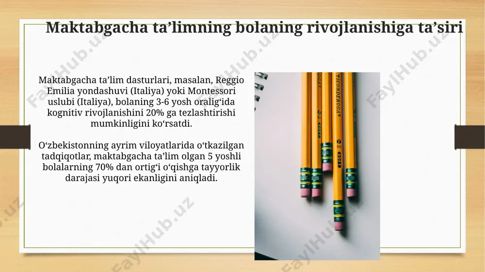 gʻchalarining moddiy-texnik bazasini yaxshilashga yoʻnaltirildi. oʻqituvchilar tayyorgarligi va malakasi jahon boʻyicha oʻqituvchilarning 70% dan ortigʻi bolalar rivojlanishi boʻyicha kamida 1 yillik malaka oshirish kurslaridan oʻtmagan, ayniqsa afrika va janubi-sharqiy osiyo mamlakatlarida bu koʻrsatkich ancha yuqori. evropa ittifoqida 2020 yilda oʻtkazilgan tadqiqotlar shuni koʻrsatdiki, oʻqituvchilarning 30% dan kamrogʻi inklyuziv taʼlim metodlari boʻyicha yetarlicha malakaga ega. kelajakdagi istiqbollar va takliflar ta'lim dasturlarini bolaning individual ehtiyojlari va qobiliyatlariga moslashtirish, xususan, 3-5 yoshli bolalar uchun individual yondashuvlarni qo'llash orqali, masalan, finlyandiya modelini o'rganish va qo'llash samarali natijalarga olib kelishi mumkin. maktabgacha ta'lim muassasalarida zamonaviy texnologiyalar, jumladan, interfaol o'yinlar va dasturlarni joriy etish orqali, masalan, janubiy koreya tajribasidan foydalanib, bolalarning o'rganish jarayonini yanada samarali va qiziqarli qilish mumkin. turli mamlakatlardagi maktabgacha taʼlim tizimlari frantsiyada, "crèches" deb nomlangan chaqaloqlar uylari va "écoles maternelles" deb nomlangan bolalar bogʻchalari 2 yoshdan 6 yoshgacha boʻlgan bolalar uchun davlat tomonidan moliyalashtiriladi va taʼlim dasturlari davlat tomonidan belgilanadi. yaponiyada, “yochien” deb …