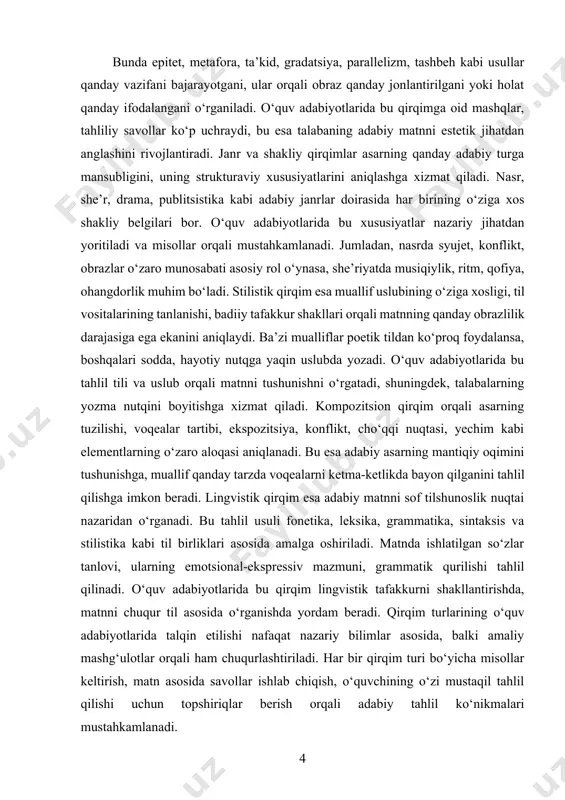 ya’ni bir vaqtning o‘zida tematik, g‘oyaviy va stilistik qirqimlar birgalikda ko‘rib chiqiladi. bu esa o‘quvchini faqatgina bir jihatga emas, balki matnning umumiy mazmuni va badiiy ifodasi haqida kengroq tasavvurga ega bo‘lishiga olib keladi. misol uchun, a.qodiriyning “o‘tkan kunlar” romani asosida olib boriladigan tahlillarda asarning g‘oyaviy mazmuni (vatanparvarlik, milliy uyg‘onish), tematik yo‘nalishi (milliy qadriyatlar, muhabbat, ijtimoiy adolatsizlik), obrazlar tizimi (otabek, kumush, zaynab) va stilistik uslubining ifoda vositalari birgalikda o‘rganiladi. bu esa o‘quvchilarga asarning ko‘p qirraliligini tushunish imkonini beradi. hozirgi zamon o‘quv adabiyotlarida shuningdek, interaktiv yondashuvga ham katta ahamiyat beriladi. bu uslubda talabalarga adabiy matndan parcha berilib, turli qirqimlar bo‘yicha savollar bilan yo‘naltiriladi. bunday metodlar orqali o‘quvchi asarning faqat syujeti bilan emas, balki uning chuqur qatlamlari, badiiy o‘ziga xosligi, ideologik mazmuni bilan ham tanishadi. shu tariqa, adabiy asarga tanqidiy yondashuv shakllanadi. yana bir muhim jihat – o‘quv adabiyotlarida milliy va jahon adabiyoti namunalarining tahlili orqali qirqim turlarini o‘rgatish amaliyoti yo‘lga qo‘yilgan. masalan, …