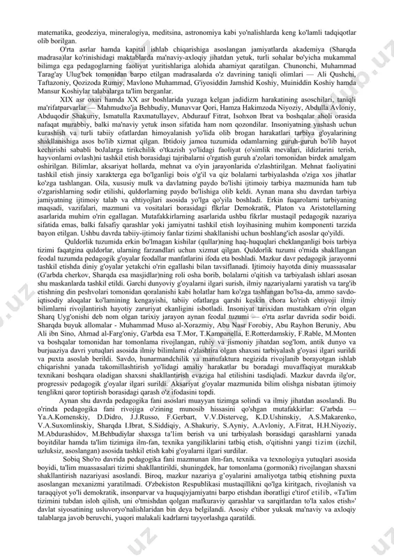 ogoh qilishni bolalar kattalarning namunalari asosida o'zlashtirganlar. nutq va yozuv paydo bo'lgunga qadar bu kabi harakatlar imo-ishoralar asosida amalga oshirilgan. kishilik tarixida tub inqilobni sodir etgan nutq va yozuvning paydo bo'lishi, shuningdek, urug' jamoasi tomonidan bajariladigan mehnat faoliyatining turli sohalarga ajralishi yoshlarga nisbatan munosabatning ilg'or (progressiv) xarakter kasb etishiga imkon berdi. turli tabiiy ofatlar ta'siridan himoyalanish, kishilar hayotiga xavf solayotgan kasalliklarni davolash, hayot kechirish uchun yetarli oziq-ovqatlarni jamlab olishga bo'lgan tabiiy ehtiyoj yoshlarga hayotiy tajribalarni ma'lum mehnat faoliyati yo'nalishida yetarlicha bilimga ega bo'lgan kishilar tomonidan berilishi maqsadga muvofiq ekanligini ko'rsatdi. natijada bolalarga hayot tajribalarini o'rgatuvchi kishilar guruhi shakllandi hamda bolalarga ma'lum yo'nalishlar bo'yicha bilimlarni berish maxsus ajratilgan joylarda tashkil etila boshlandi. pedagogika fanining ob`ekti asosan maktab o`quvchilaridir, predmeti esa o`quvchilarga berilayotgan ta`lim-tarbiya nazariyasi va amaliyotidir. dastlabki maktablar qadimgi sharqda (vavilon, misr, hindistonda) paydo bo'lib, ularda bolalarga ma'muriy-xo'jalik boshqaruvi asoslari o'rgatilgan. antik davrda maktablar sparta, afina va rim tarbiya tizimining muhim …