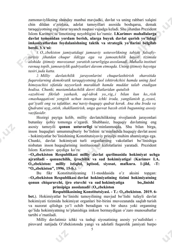 m shunday bо’lishi kerak, deb anglashimiz notо’g’ri?! ya‘ni, uni vujudga keltiradigan, shakllantiradigan о’ziga xos xususiyatlariga ega bо’lgan ijtimoiy-iqtisodiy, ma‘naviy-siyosiy, tarixiy-huquqiy, geografik, geostrategik shart-sharoitlar turli xalqlar va davlatlarda har xil darajada rivojlanish jarayonlarini boshidan kechirdi. demak, rivojlanish jarayonlari millat ruhiyatidan kelib chiqadi. mamlakatning, aholining rivojlanish negizi milliy davlatning demokratik jarayonlarini belgilaydi. milliy davlatchiligimizning demokratik prinsiplari о’zbekistonning birinchi prezidenti islom karimov tomonidan ishlab chiqildi va amalga oshirildi. i.karimovning ta‘kidlashicha, «istiqlol biz uchun taraqqiyotning butunlay yangi, keng ufqlarini ochdi. о’z kelajagimizni о’z qо’limiz bilan yaratadigan bо’ldik. hayotimiz va umumiy xonadonimizni milliy manfaat va qadriyatlarimizni umume‘tirof etilgan demokratik mezonlarga monand qilib qurishdek noyob tarixiy imkoniyatga ega bо’ldik», degan purma‘no fikrlari milliy davlatchilikning rivojlanish muammolarini belgilaydi. chunonchi: a) siyosiy-ijtimoiy, huquqiy-ma’naviy rivojlanishning demokratik obyektiv jihatlari davlat bosh islohotchi sifatidagi jarayonning о„ziga xos va о„ziga mos xususiyatlari bilan uyg„unlashgan holda sodir bо„lmoqda. g„arb mamlakatlarida esa rivojlanishda inqilobiy о„zgarishlar kо„p uchraydi. bizning xalqimiz esa mulohazakor, yetti о„lchab bir …