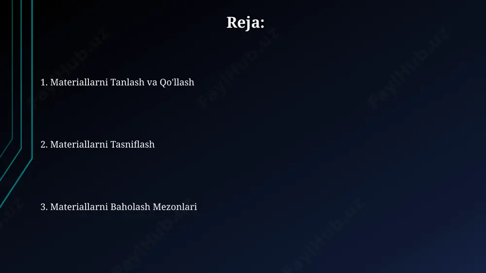 tlashtirilgan sinov usullari, masalan, astm standartlari qo‘llaniladi va natijalar 95% ishonch chegarasi bilan ifodalanadi. yuqori darajadagi mustahkamlikka ega bo'lgan materiallarni tanlashda, zarba bardoshliligi (kj/m²) va egiluvchanlik chegarasi (mpa) kabi ko'rsatkichlar muhim rol o'ynaydi va ular 3 dan ortiq namunalar ustida o'lchanadi. materiallarga oid ma'lumotlar bazalari nist (milliy standartlar va texnologiyalar instituti) kabi tashkilotlar tomonidan taqdim etilgan ma'lumotlar bazalari yuqori aniqlikdagi eksperimental ma'lumotlarni, taxminan 10^6 dan ortiq eksperimental nuqtalarni o'z ichiga oladi. matеriallarga oid ma'lumotlar bazalari 10 000 dan ortiq turdagi materiallar xossalari, shu jumladan, mexanik, termik va elektr xossalari bo'yicha ma'lumotlarni o'z ichiga oladi. materiallarni tasniflash tizimlari funksional xossalari (elektr o'tkazuvchanligi, issiqlik o'tkazuvchanligi, magnit xossalari) bo'yicha materiallarni 10 dan ortiq guruhga ajratish mumkin. bunday tasniflash elektronika va boshqa texnologiyalarda qo'llaniladi. materiallarni kimyoviy tarkibi (masalan, metallar, polimerlar, keramikalar) va ularning kristall tuzilishiga asoslangan 3 asosiy toifaga bo'lish mumkin: metallar, polimerlar va keramikalar. har bir toifa o'ziga xos xususiyatlarga ega. e'tiboringiz uchun …