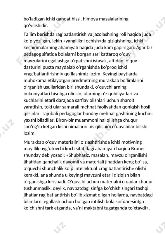 ha, bu ish amalga oshiriladigan vaziyatni ham hisobga olish kerak, chunki bu ta’lim motivatsion diagnostikasi uchun muhimdir. g.levald (1985) ta’lim diagnostikasi vaziyatni, yo‘nalishni hisobga oladigan yoki tabiiy sharoitga mos bo‘lishi lozim, -deydi. masalan, rag‘batlantiruvchi material haqiqiy hayotga mos kelishi lozim, chunki sun’iy shart-sharoit, muhit shaxsiy xususiyatlarning yuzaga chiqishiga salbiy ta’sir ko‘rsatadi. vaziyat nazariyasini diagnostika qilish vazifalarini tadbiq qilgan g.rozenfeld (1975) ko‘rsatadiki, vaziyat atrof-borliqning vaqtinchalik va fazoviy tavsifidir va u sub’ekt bilan ob’ektning integratsiyasi tomonidan belgilanadi. o‘quv motivlari- bu o‘quvchilarni o‘quv faoliyatining turli tomonlariga yo‘naltirishdir. masalan, o‘quvchining o‘zi o‘rganayotgan ob’ekt bilan bajaradigan ishiga qaratilgan bo‘lsa, ularni bilish motivlari deb atash mumkin. agar o‘quv faoliyati o‘quv jarayonida turli kishilar bilan to‘g‘ri muloqot qilishga yo‘naltirilgan bo‘lsa, ijtimoiy motivlar namoyon bo‘ladi. boshqacha qilib aytganda, ba’zan o‘quvchilarda bilish jarayoni, qolganlarida esa boshqalar bilan muloqot o‘qish faoliyatini motivlashtirib turadi. a.k.markova motivlarni 2 ta katta guruhlarga ajratgan. o‘quv faoliyatining mazmuni va uni bajarish bilan bog‘liq bilish motivlari. …