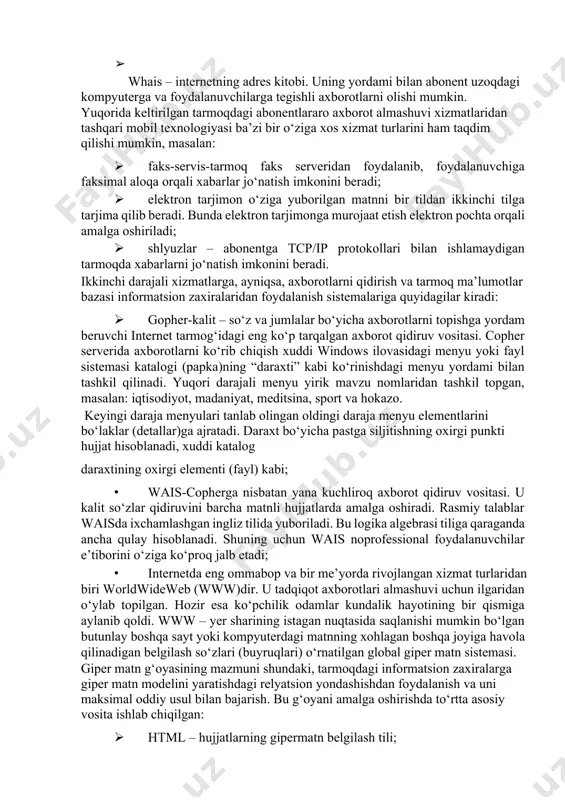 shlashdagi eng samarali yo‘ldir. mobil texnologik jarayondagi eng ahamiyatli demokratik ish vositalaridan biri hisoblanadi. paydo bo‘lishi bilan axborot aksariyat dunyo odamlarining potensial imkoniyatiga aylanib bormoqda. mobil texnologiyasi va kompyuter texnikalar chambarchas bog‘langan holda barcha global kommunikatsiyalar yagona butunlikda integrallashadi. bu yerda gap axborotni tarqatish mexanizmi, odamlarni birlashtirish, masofa, vaqt, davlat va ko‘plab shunga o‘xshash chegaralar mavjudligidan qat’i nazar ularning o‘zaro muloqotda bo‘lishlari to‘g‘risida ketmoqda. mobil texnologiyasi behisob miqdordagi axborotlarga ega bo‘lgan holda, iste’molchilarga katta informatsion xizmat spektrini taqdim etadi. uni shartli ravishda ikki kategoriyaga bo‘lish mumkin: tarmoq abonetlariaro axborot almashuvi; axborotni qidirish va tarmoq ma’lumotlar bazasidan foydalanish. tarmoq abonentlariaro asosiy mobil texnologiya aloqasi xizmatiga quyidagilar kiradi: · telnet – uzoqda turib tarmoqdagi istagan kompyuterni boshqarish rejimi, ya’ni abonentga tarmoqdagi xohlagan ehmda xuddi o‘ziniki kabi ishlash imkonini beradi; · ftp (filetragsftrprotocol) – abonentga tarmoqdagi istagan kompyuterda matnli va ikkilik fayllar bilan o‘zaro muloqot qilishga sharoit yaratib beruvchi fayllar uzatish protokoli. uzoqdagi …
