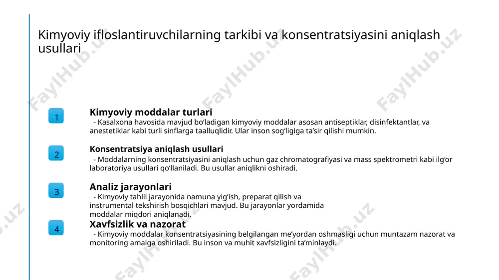 moddalar hospital havosida uchraydigan kimyoviy moddalar, masalan, formaldegid va ammonyak, uzoq muddatda yallig‘lanish va toksik ta'sirlarni yuzaga keltirishi mumkin. 3 xavfsizlik va himoya choralari samara xavfsizlik strategiyalari, ventilyatsiya tizimlarini yaxshilash va kimyoviy moddalarni nazorat qilish orqali insonlar sog‘lig‘ini muhofaza qilish mumkin. kasalxona havosini baholash va ifloslantirish darajasini kamaytirish uchun samarali strategiyalar havo sifatini monitor qilish doimiy havo sifatini baholash uchun sensorlar va laboratoriya tekshiruvlari qo‘llaniladi, bu esa ifloslantiruvchi moddalarni aniqlashda muhim ahamiyatga ega. samarali tozalash usullari filtrlar, ventilyatsiya va havoni tozalash texnologiyalari orqali havodagi kimyoviy moddalarni kamaytirish mumkin, bu esa bemorlar va personal uchun xavfsiz muhiti yaratadi. xavf-xatarlarni boshqarish kimyoviy ifloslantiruvchilarni nazorat qilish va xavfni boshqarish strategiyalari, masalan, xavfsizlik protokollari va ta’lim dasturlari bilan, sog‘liqni himoya qilishda muhimdir. xulosa 1 zamonaviy metodlar bilan havoni baholash kimyoviy ifloslantiruvchi moddalarni aniqlash uchun gaz chromatografiyasi va spektroskopiya kabi ilg‘or texnologiyalar keng qo‘llaniladi, bu xavflarni tez va aniq baholash imkonini beradi. 2 kimyoviy xavflarni …
